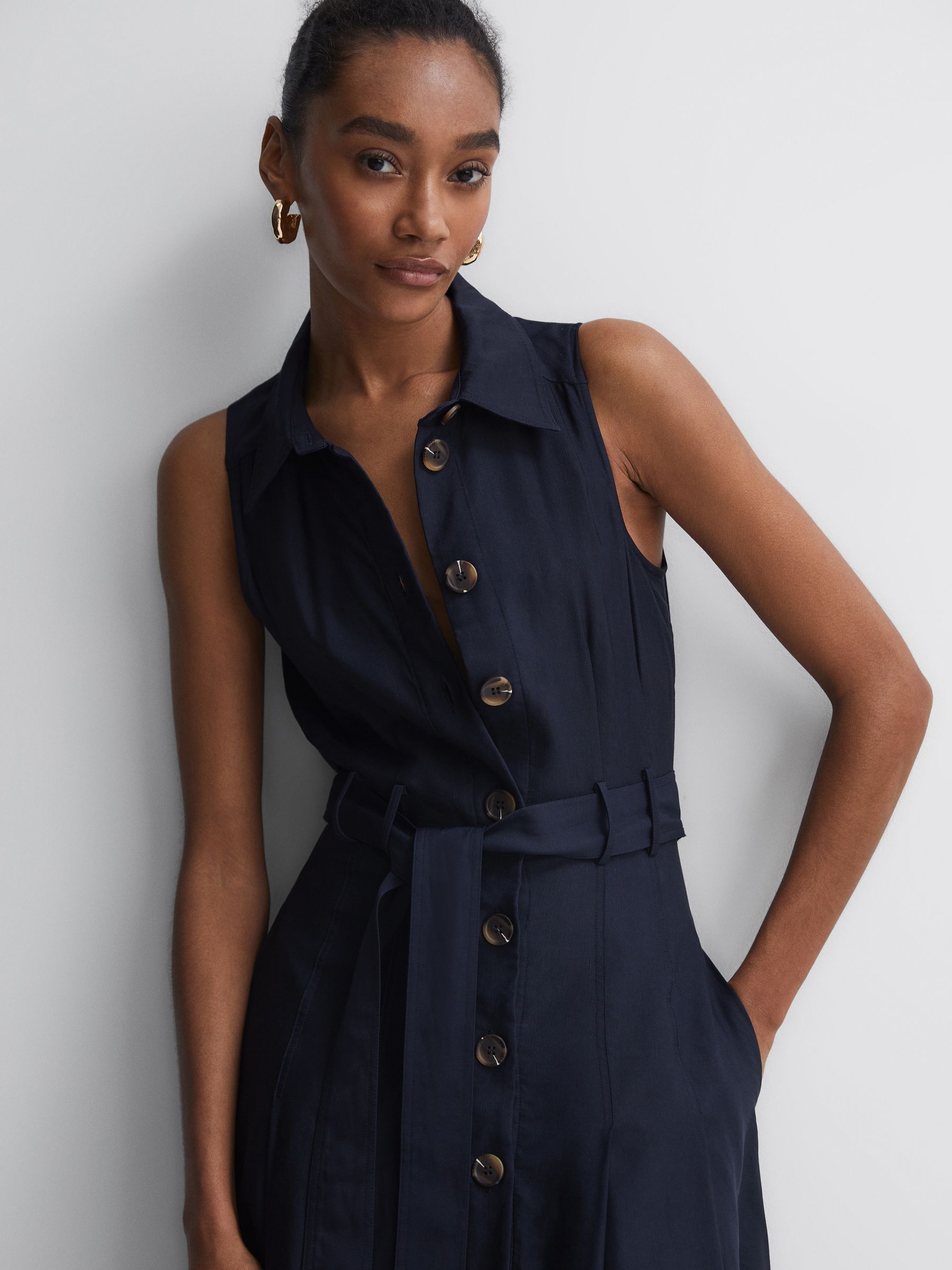 Reiss Button Front Midi Dress in Navy REISS