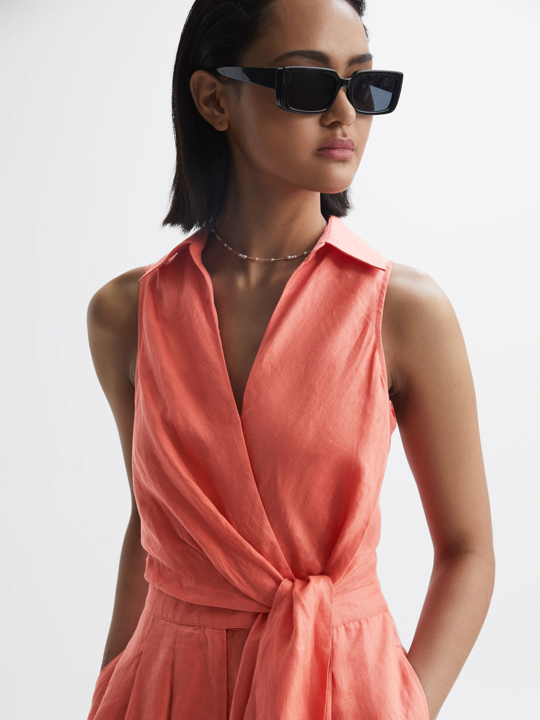 Reiss Sleeveless Linen Playsuit in Coral REISS