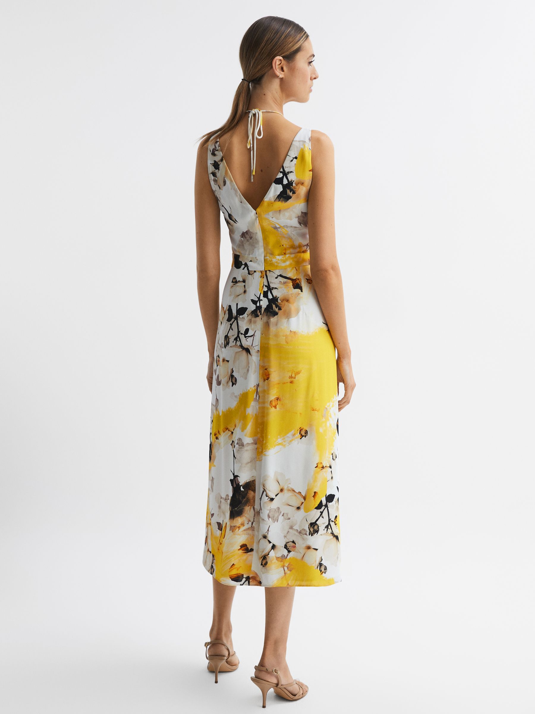 Reiss Fitted Floral Print Midi Dress in Yellow REISS