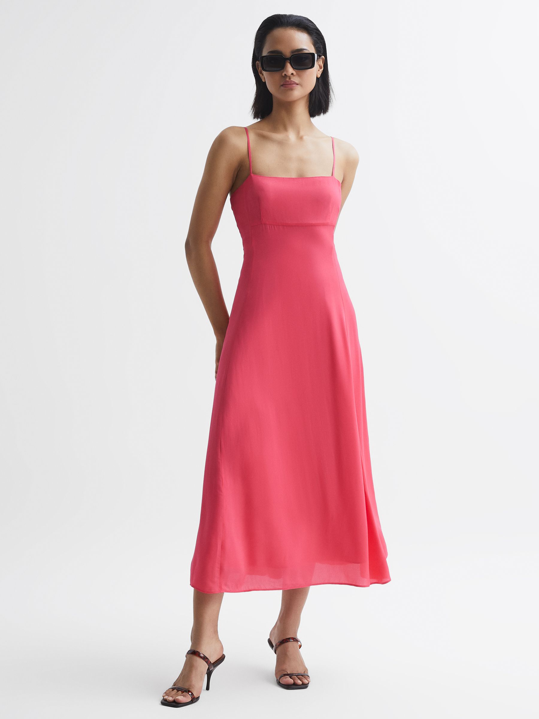 Reiss Square Neck Fitted Midi Dress in Coral REISS