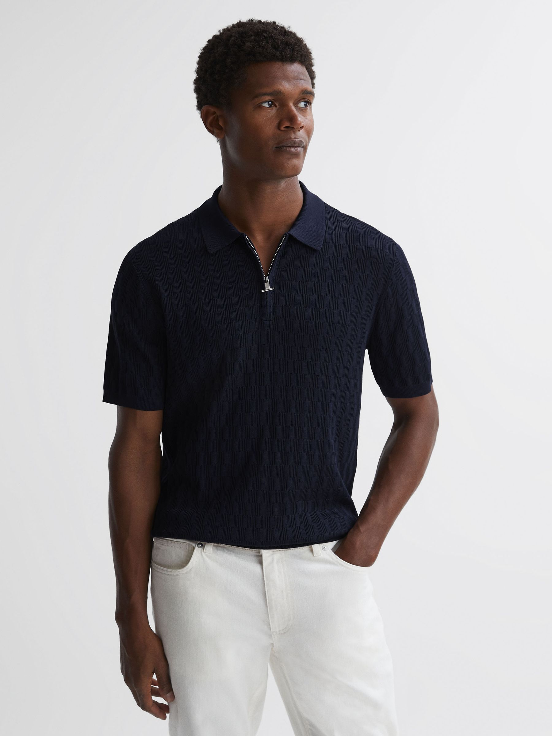 Reiss Half Zip Textured Polo T Shirt in Navy REISS