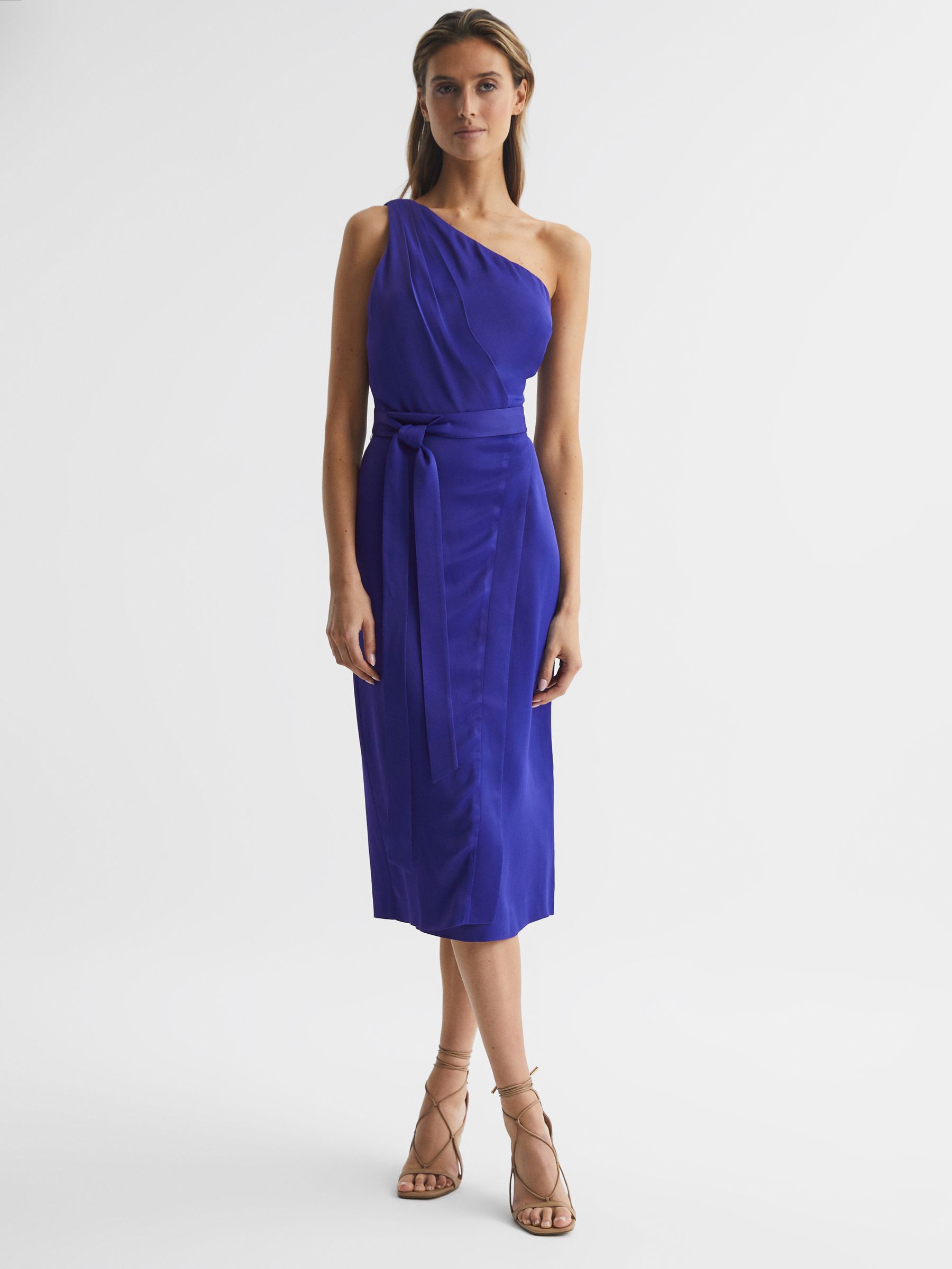 Off The Shoulder Satin Midi Dress in Purple