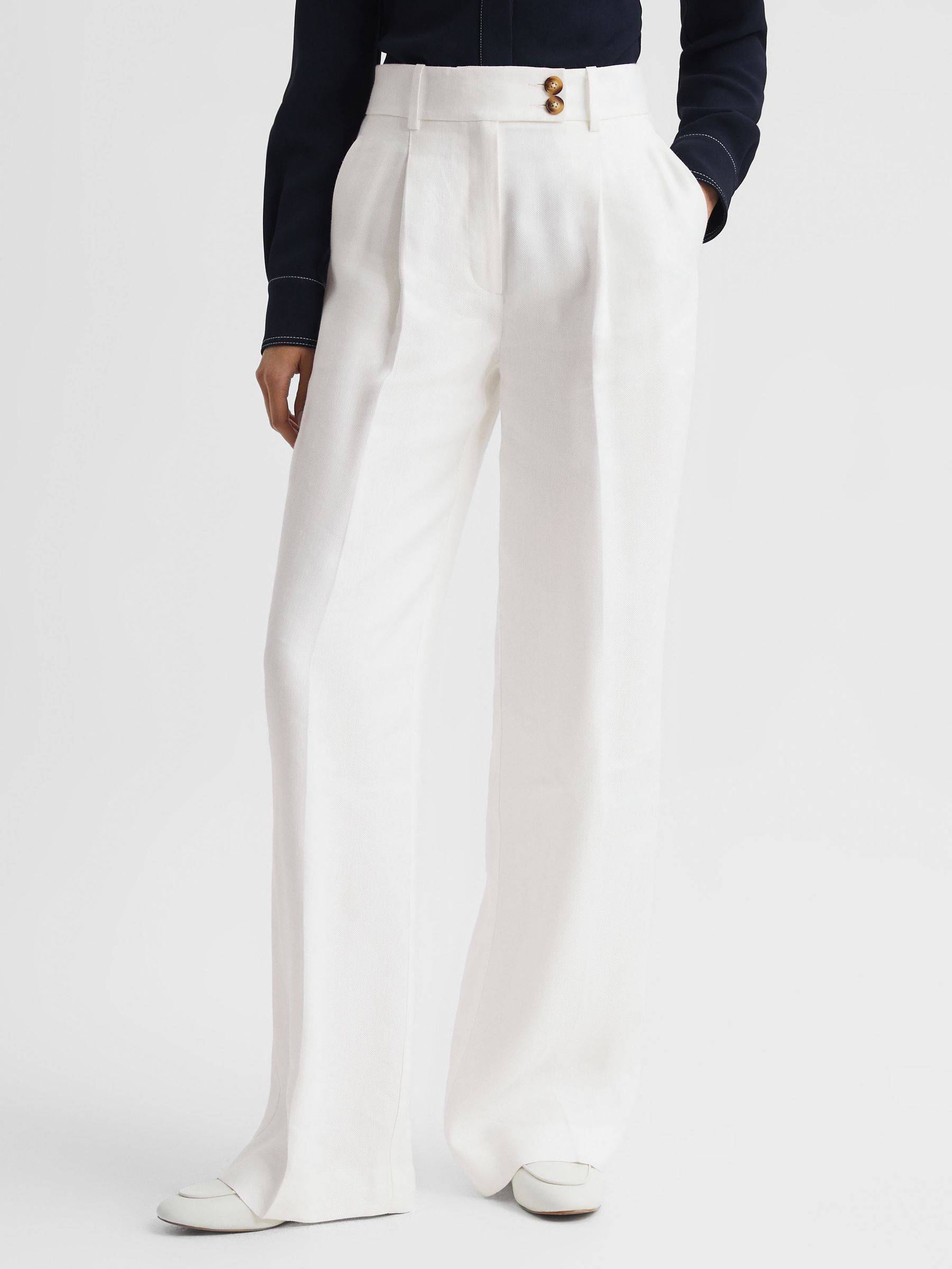 Reiss Wide Leg Linen Trousers in White REISS