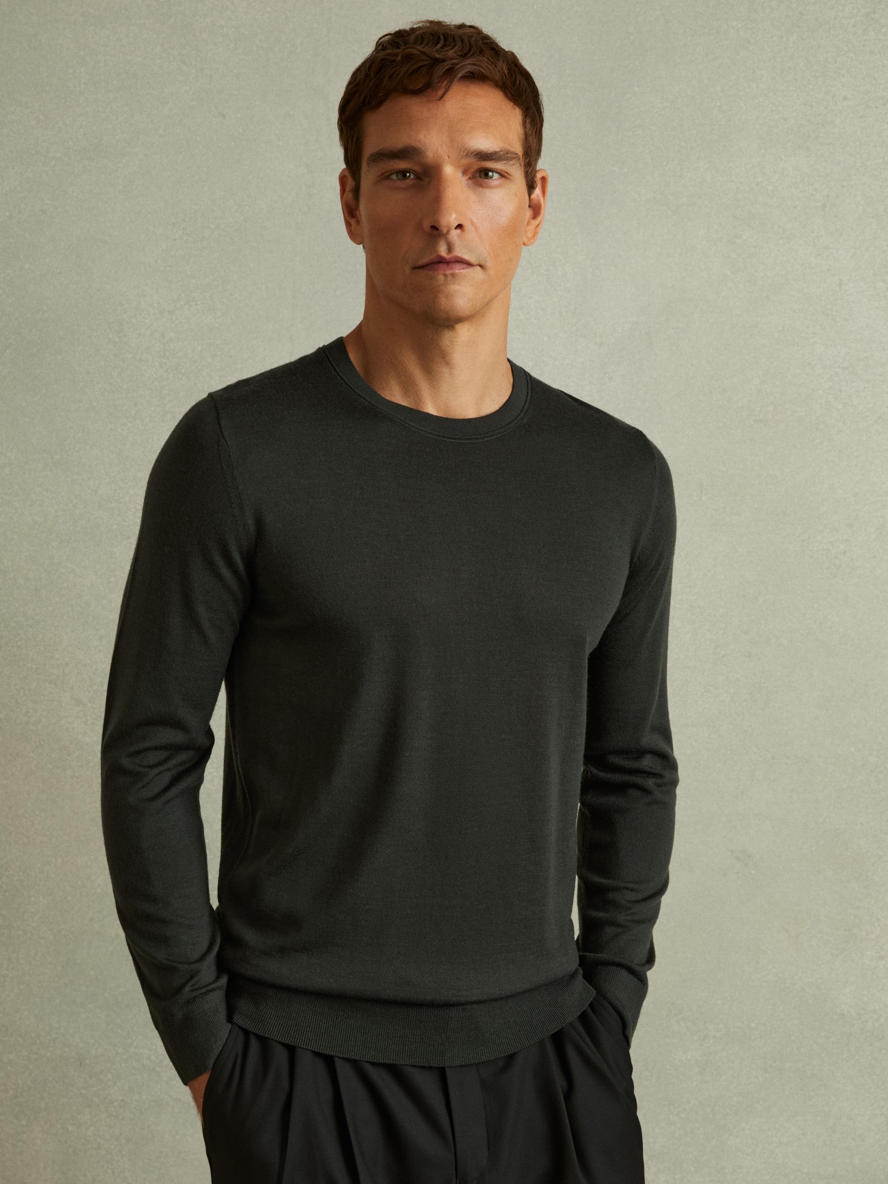 Merino Wool Crew Neck Jumper in Dark Military Green