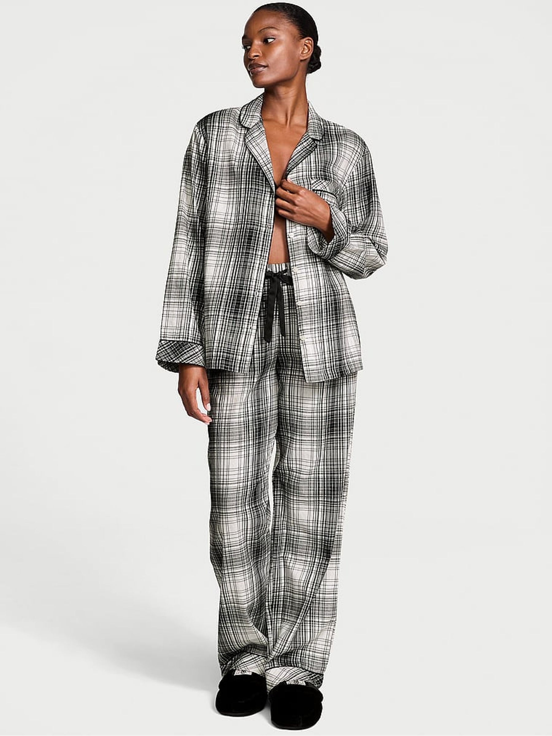 Black White Plaid Flannel Long Pyjama Set