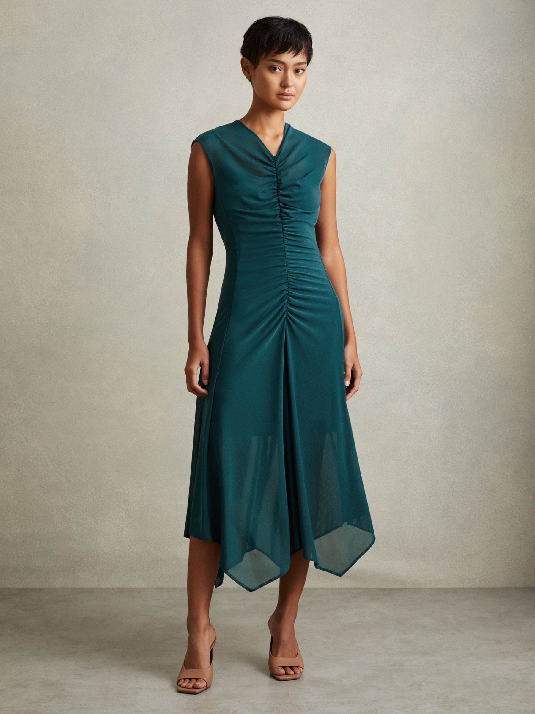 Reiss Mesh Ruched Midi Dress in Teal REISS