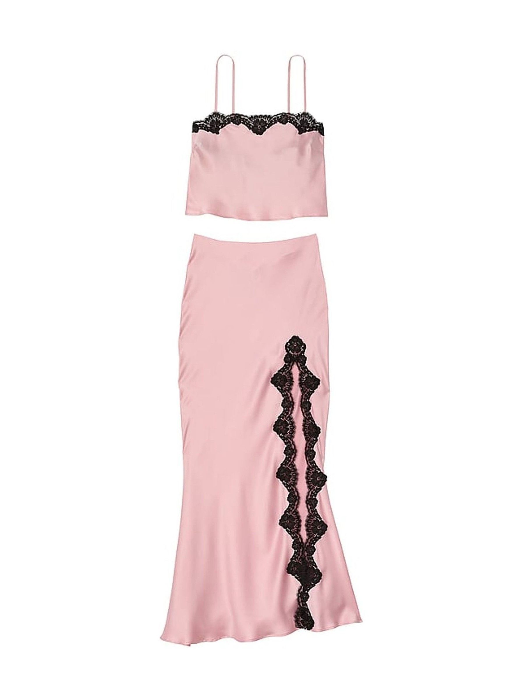 Chalk Rose Pink Satin Lace Trim Cropped Top Slip Skirt Set