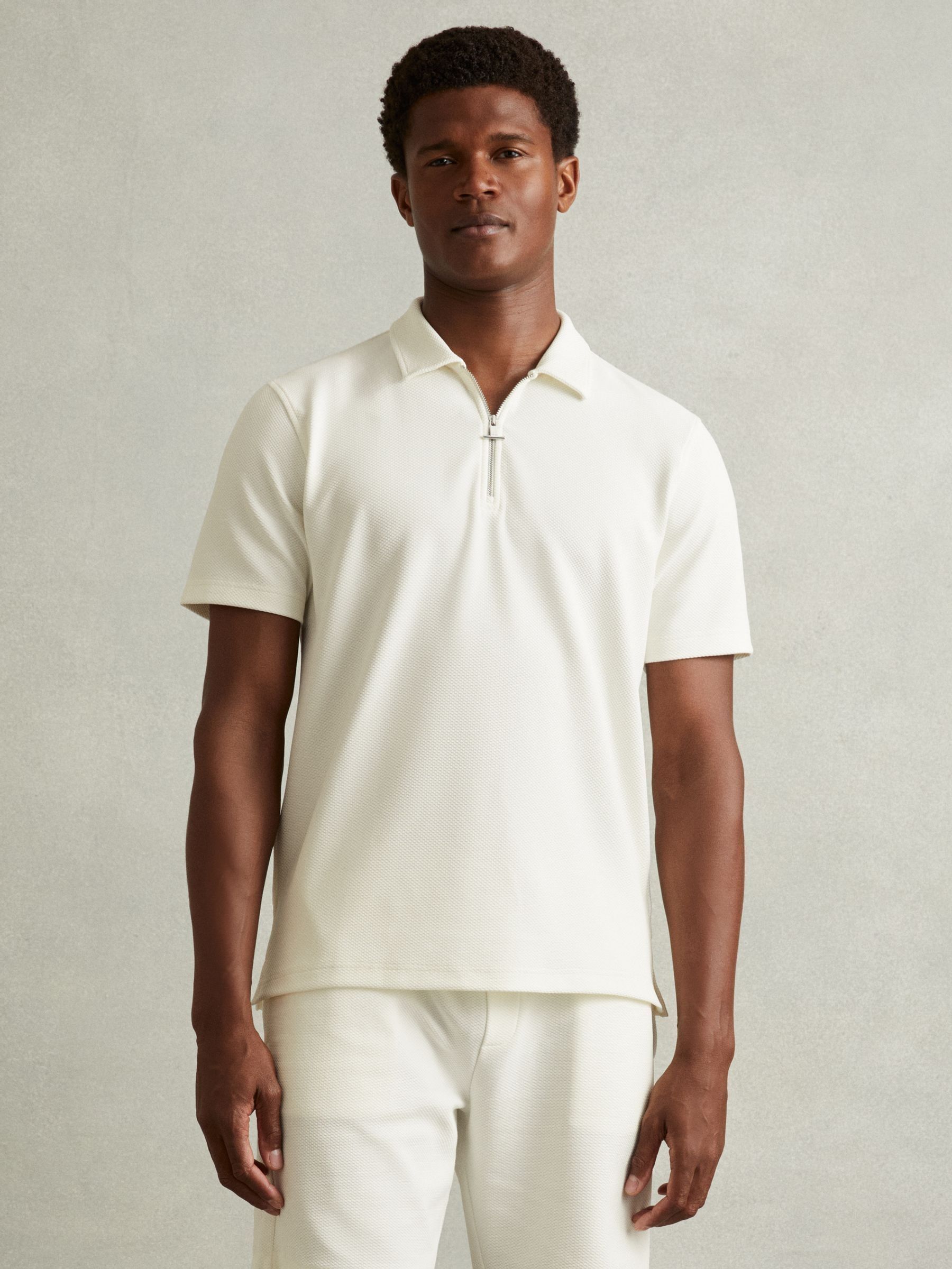 Reiss Textured Zip Neck Polo Shirt in Off White REISS