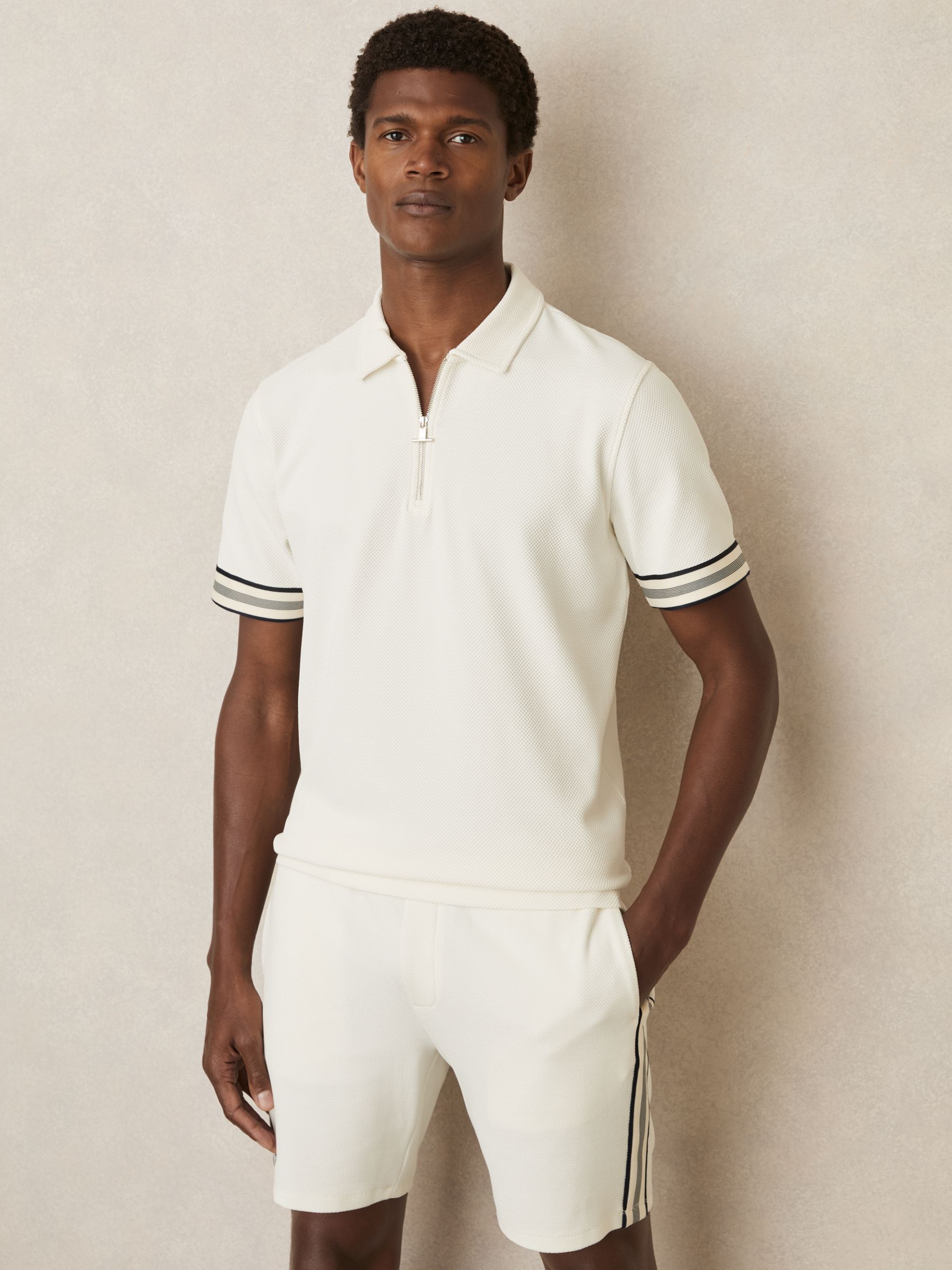 Reiss Textured Contrast Trim Half Zip Polo Shirt in Off White REISS