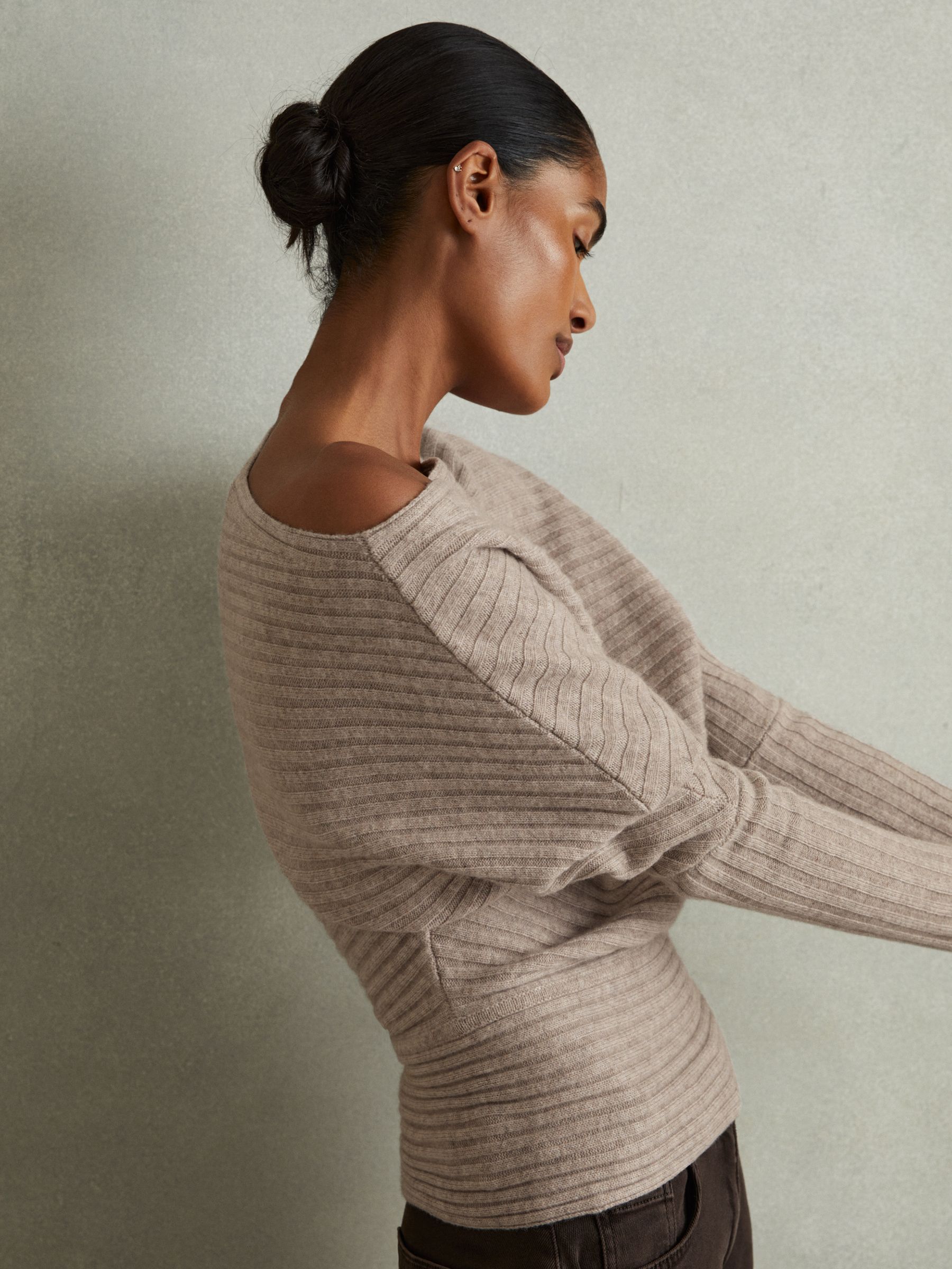 Reiss Wool Cashmere Off The Shoulder Draped Jumper in Neutral REISS