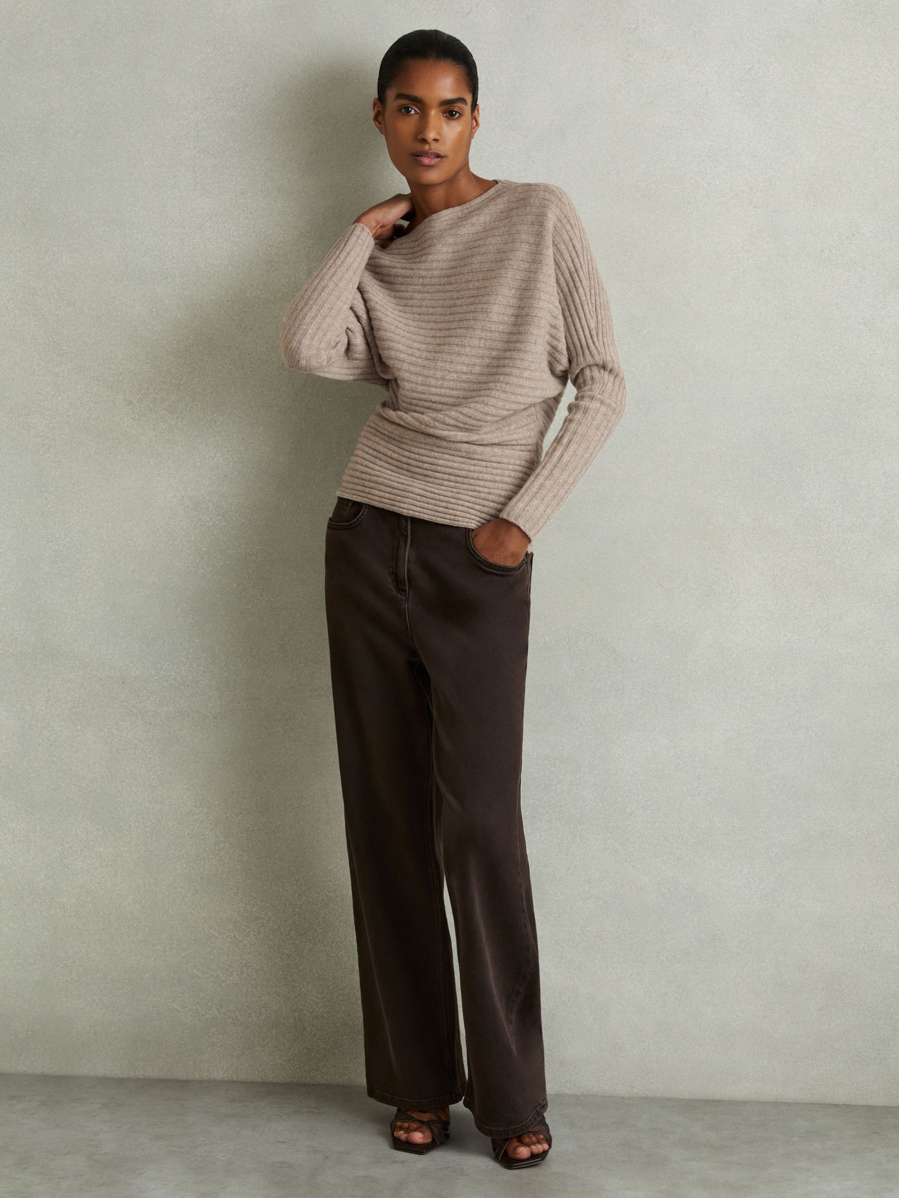 Reiss Wool Cashmere Off The Shoulder Draped Jumper in Neutral REISS