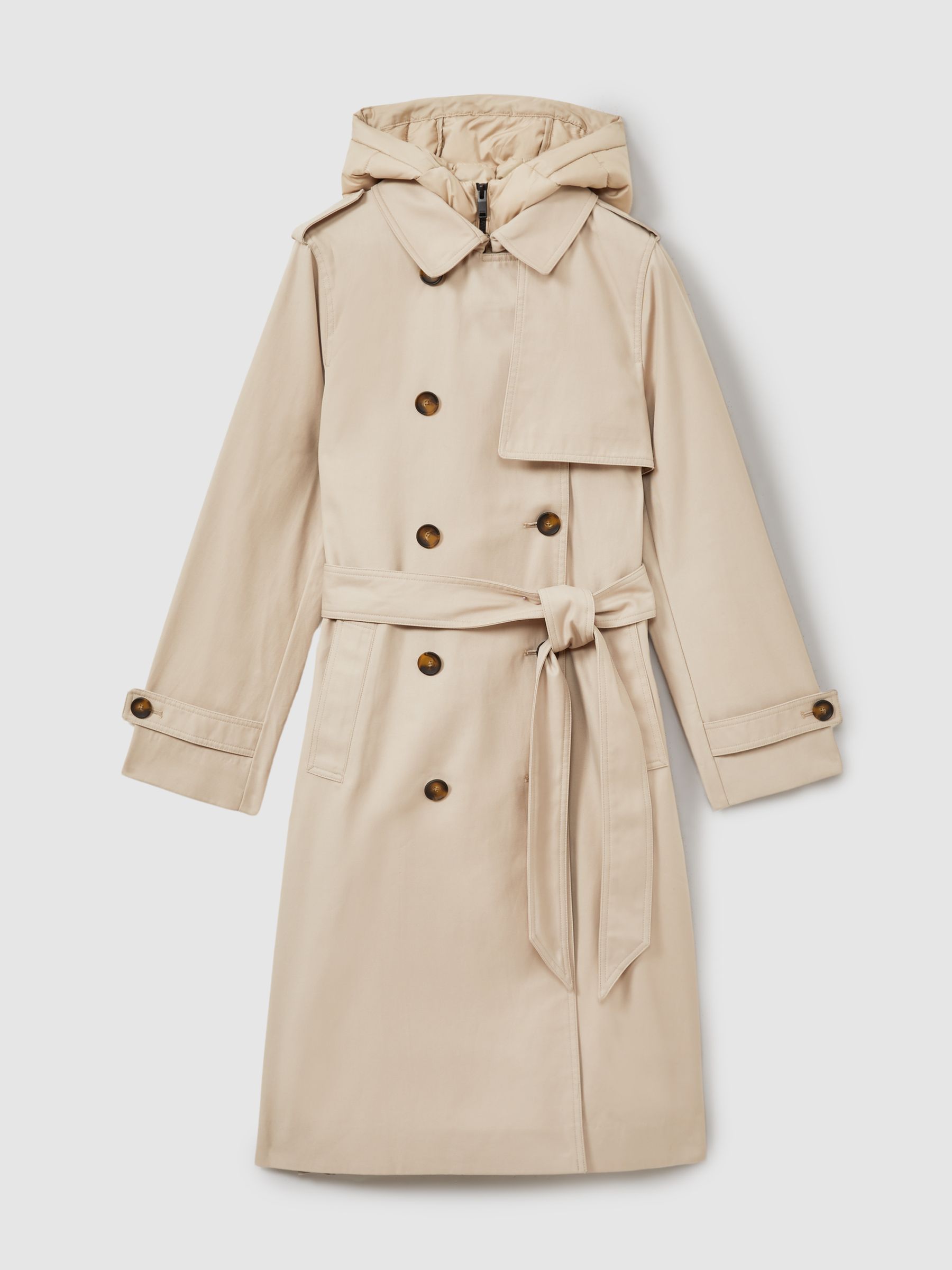 Double Breasted Hooded Insert Trench Coat in Stone