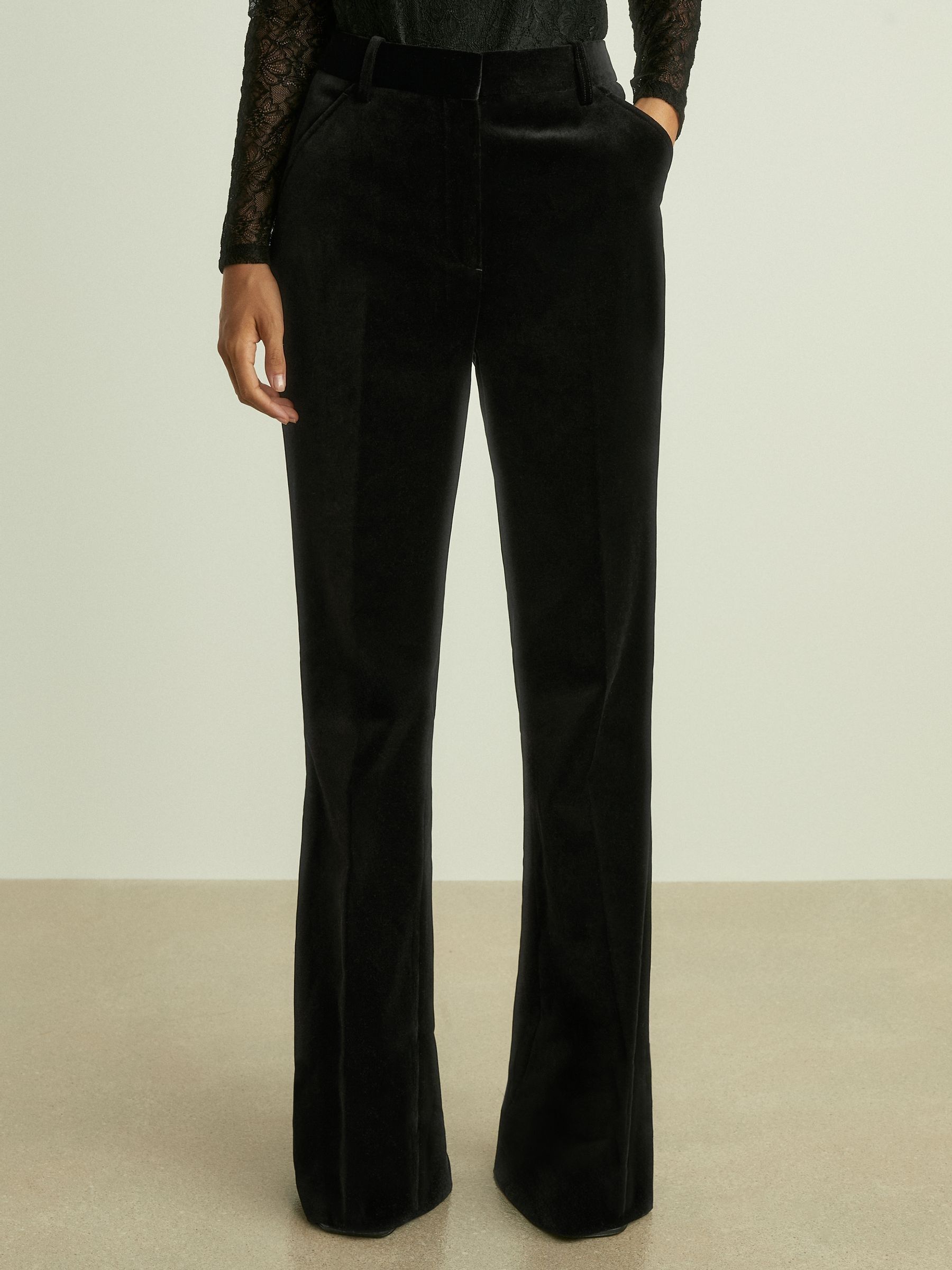 Reiss Petite Velvet Flared Suit Trousers in Black REISS