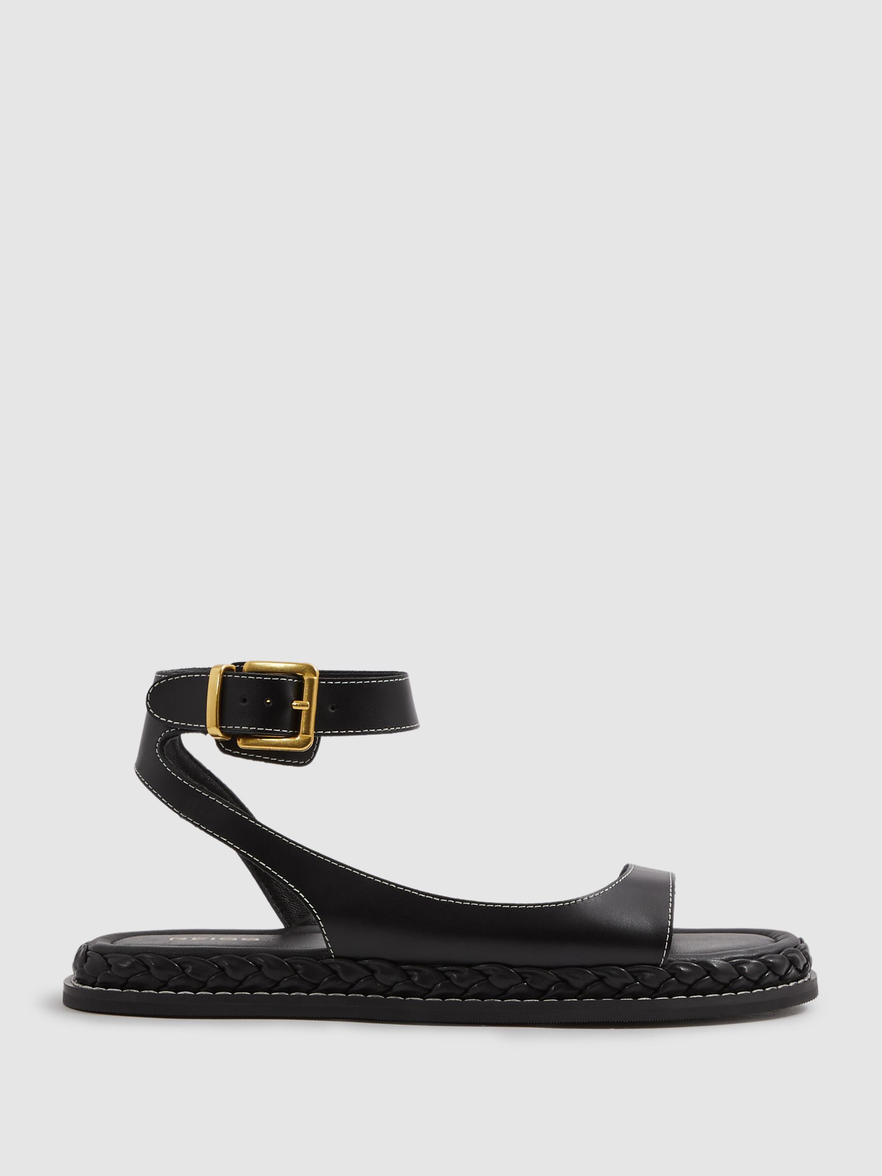 Reiss Leather Plait Detail Sandals in Black REISS