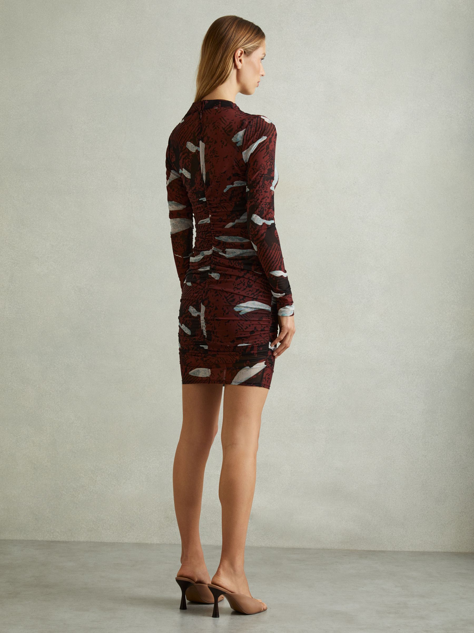 Reiss Kallie Burgundy Printed Ruched Mini Dress REISS