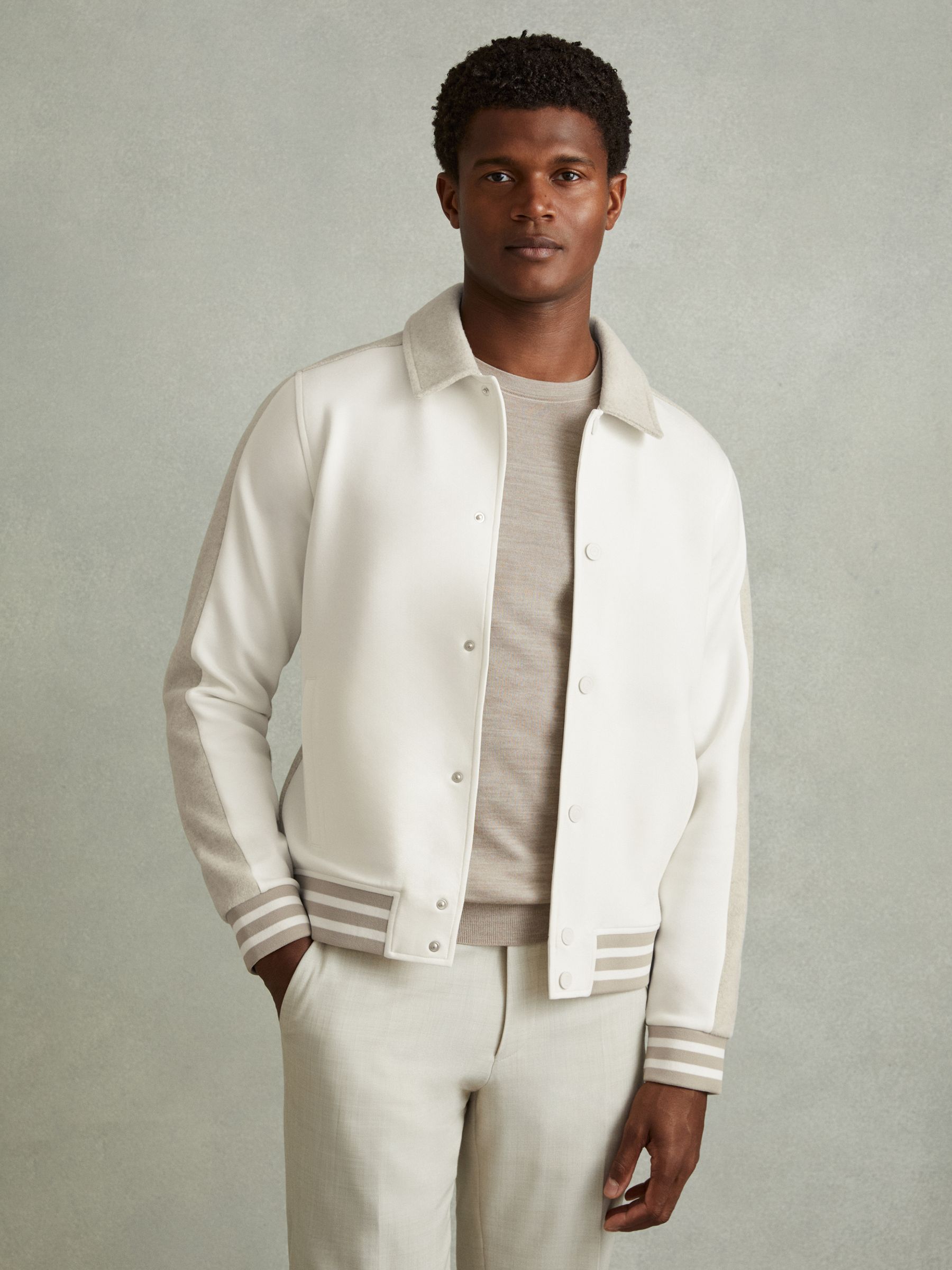 Arnold Optic White Soft Grey Melange Hybrid Interlock Jersey Bomber Jacket