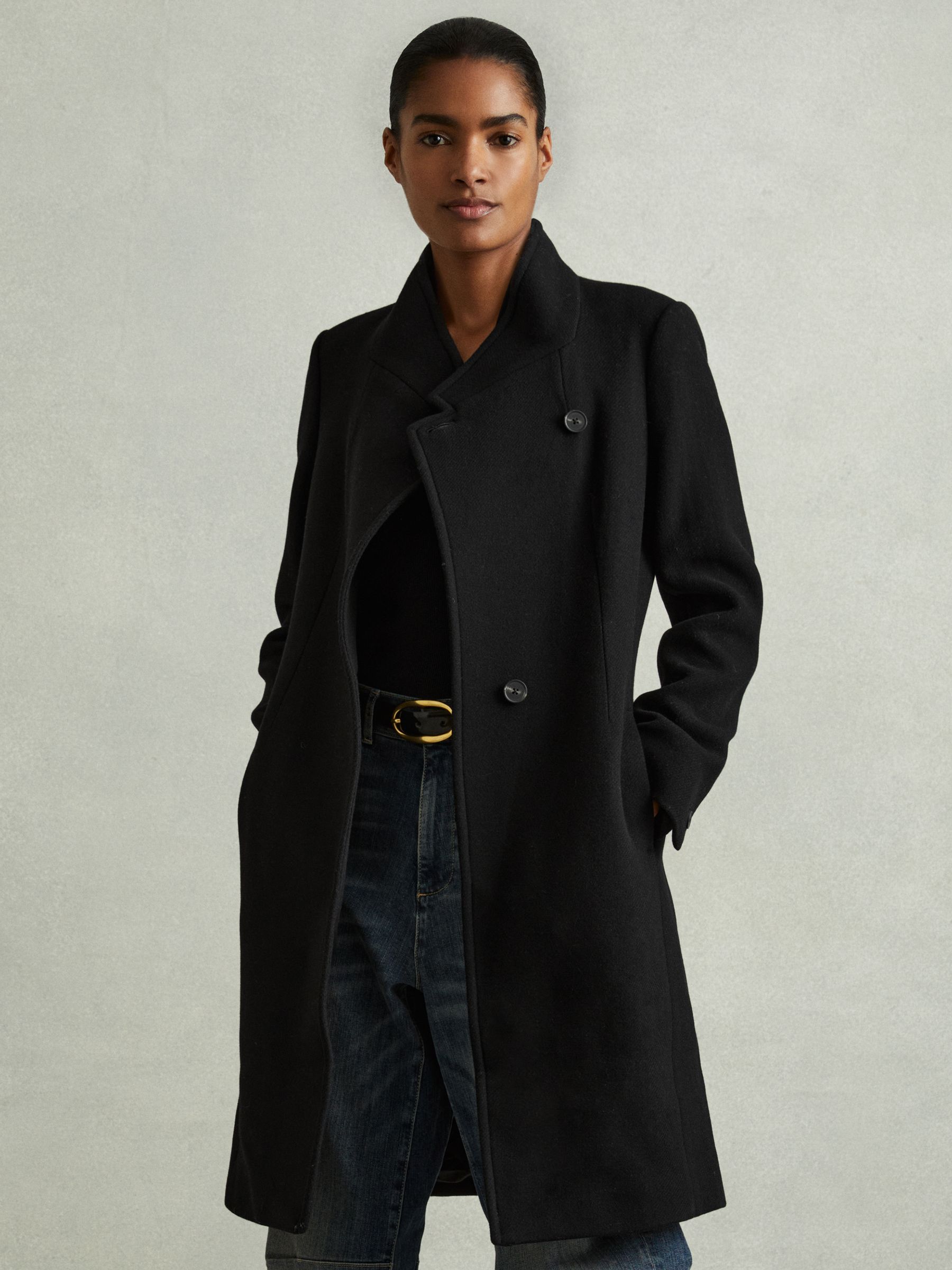 Reiss Petite Wool Blend Longline Double Breasted Coat in Black REISS