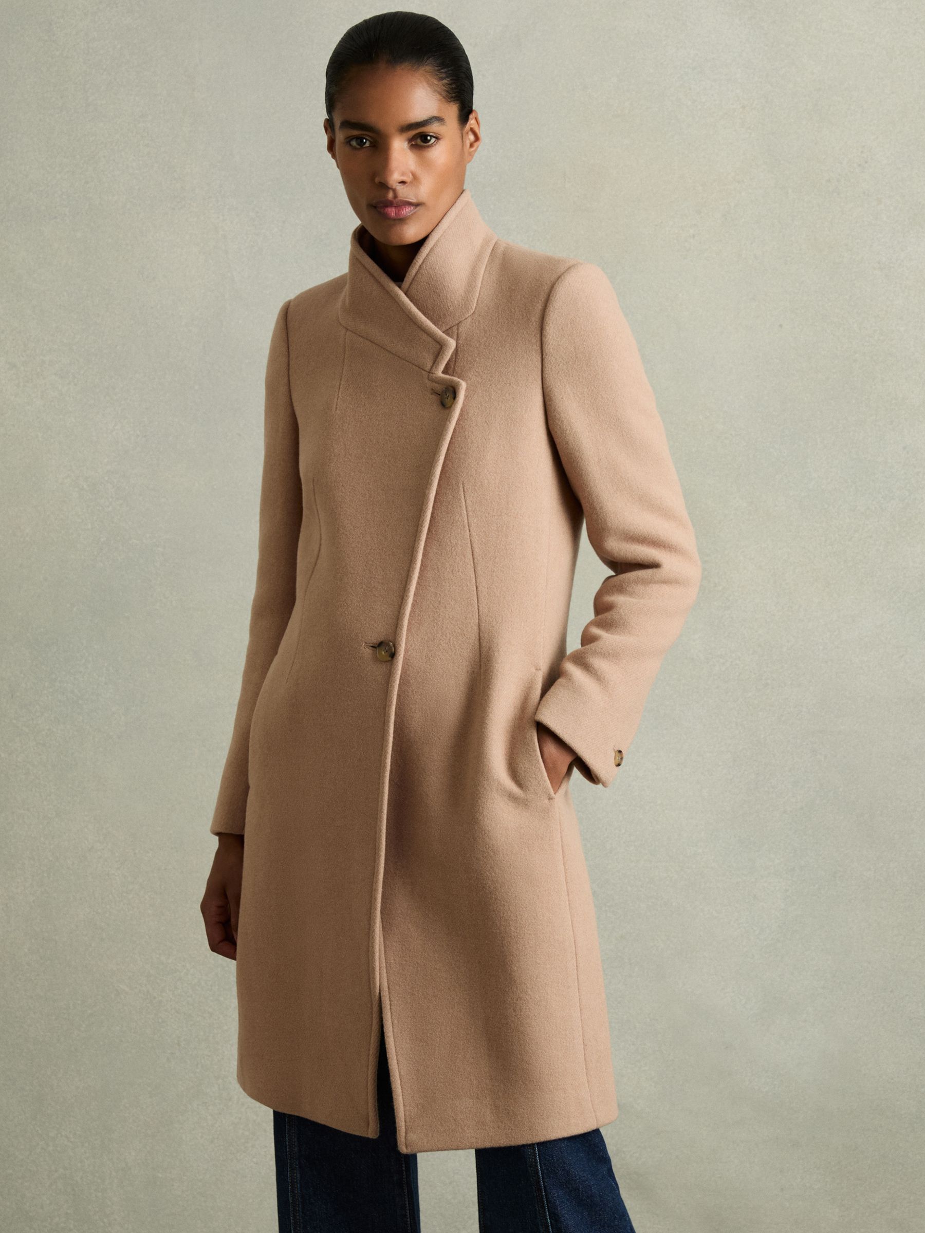 Reiss Petite Wool Blend Longline Double Breasted Coat in Light Camel REISS