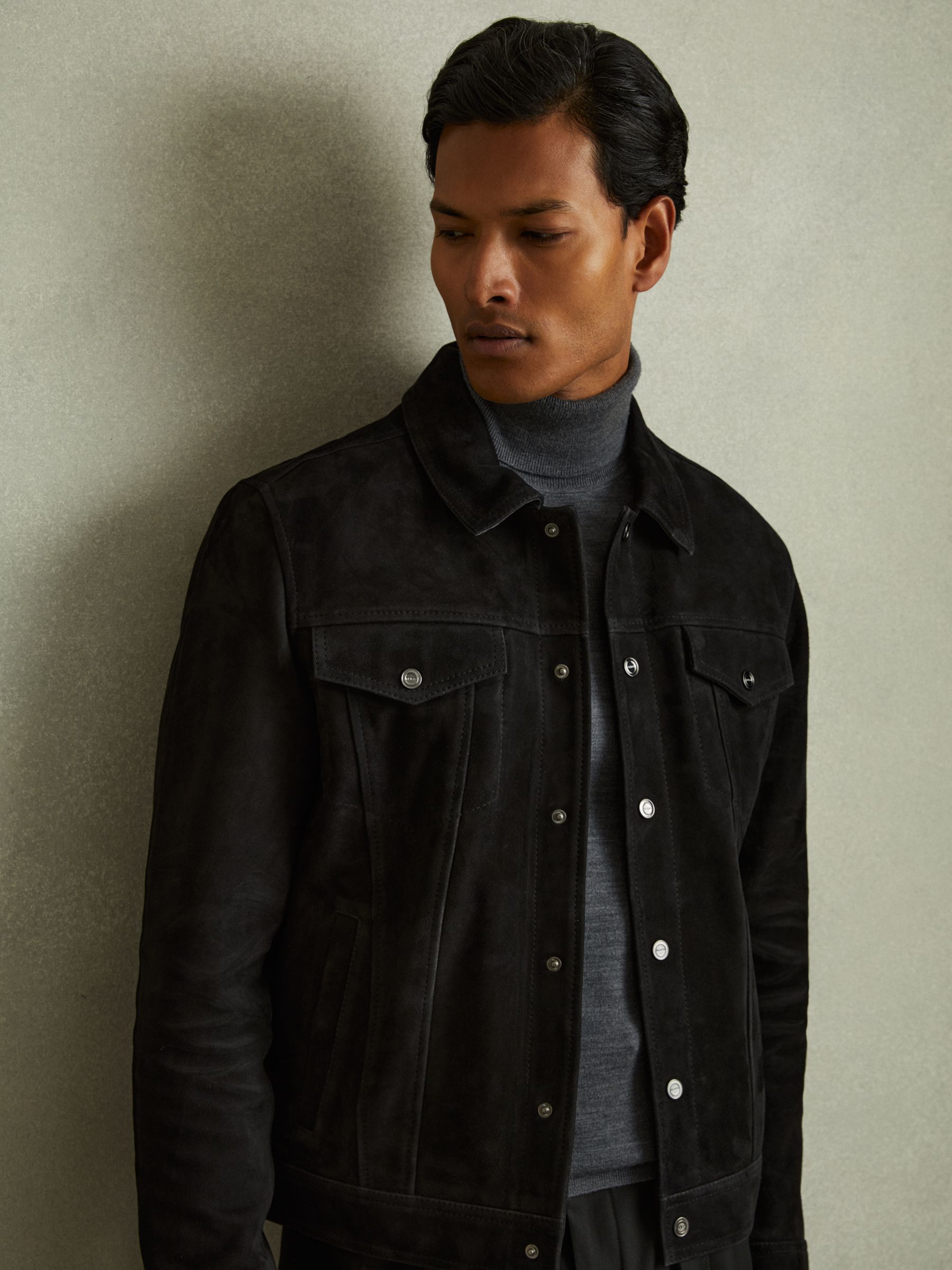 Reiss Suede Trucker Jacket in Black REISS
