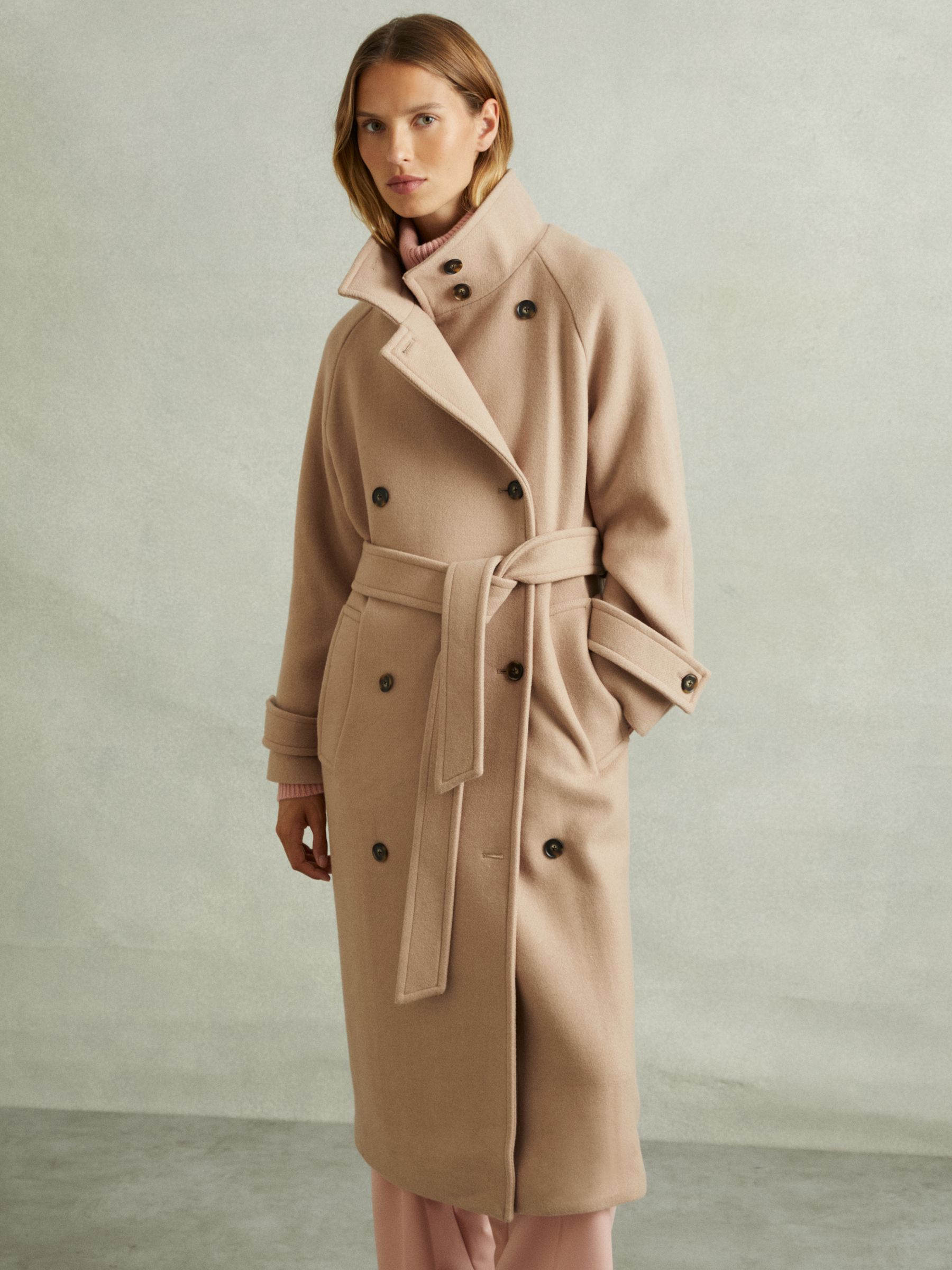 Reiss Petite Wool Blend Double Breasted Funnel Neck Coat in Neutral REISS