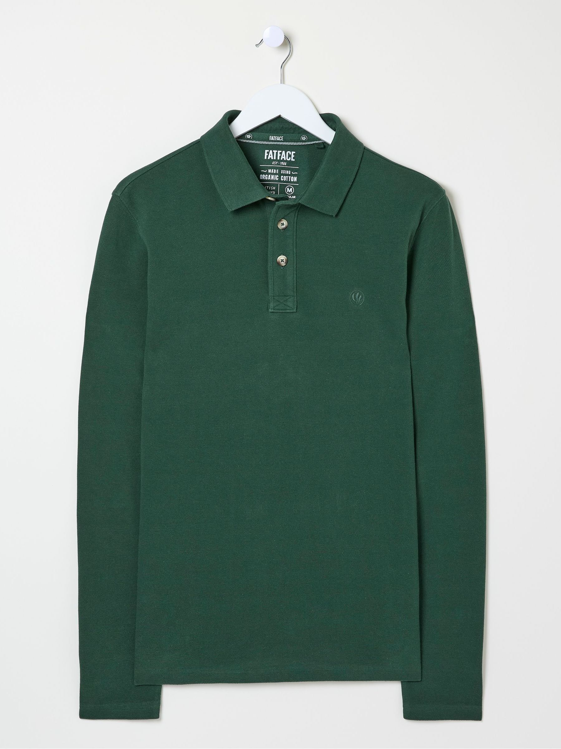 Green Long Sleeve Organic Pique Polo Shirt | FatFace
