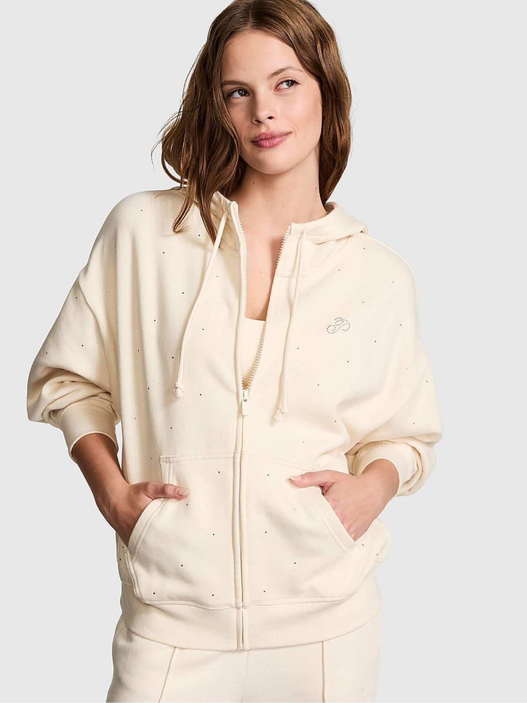 Buy Victoria s Secret White Shell Zip Up Diamante Fleece Hoodie from the Victoria s Secret UK online shop