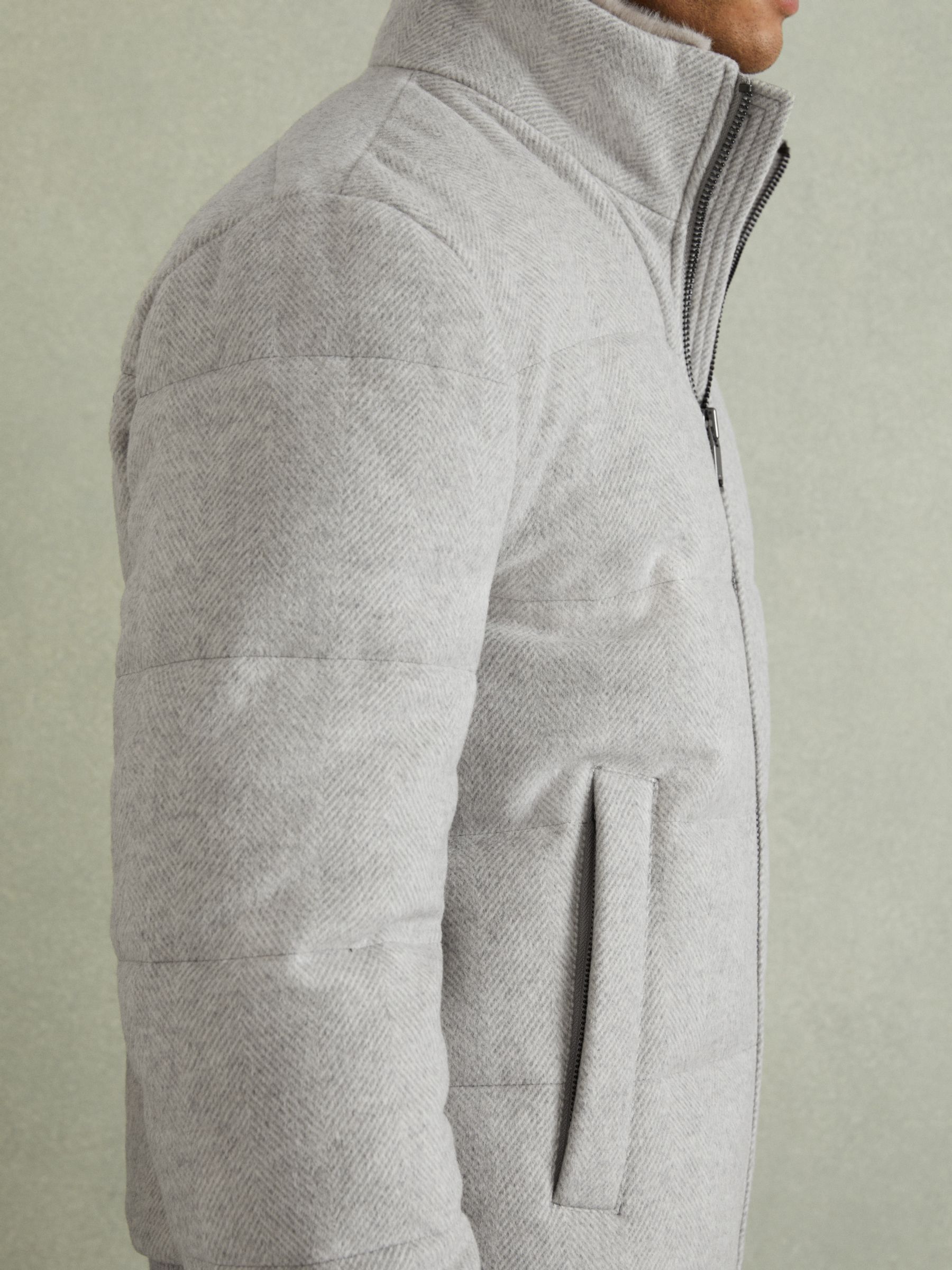 Quilted Wool Blend Herringbone and Faux Fur Jacket in Soft Grey Melange