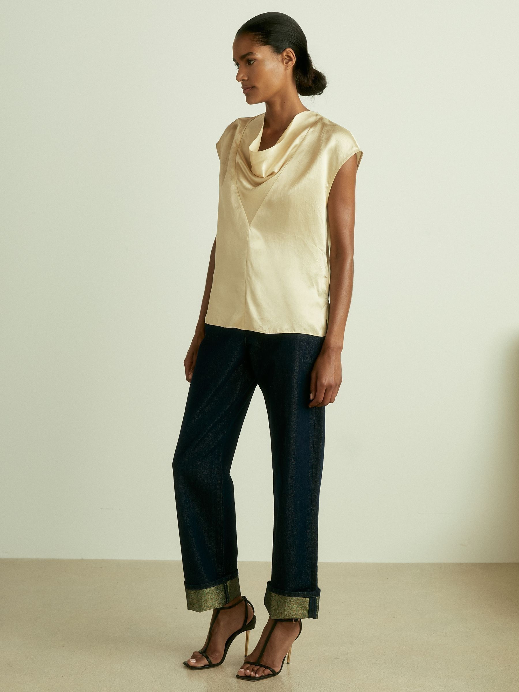 Reiss Satin Cowl Neck Top in Cream REISS