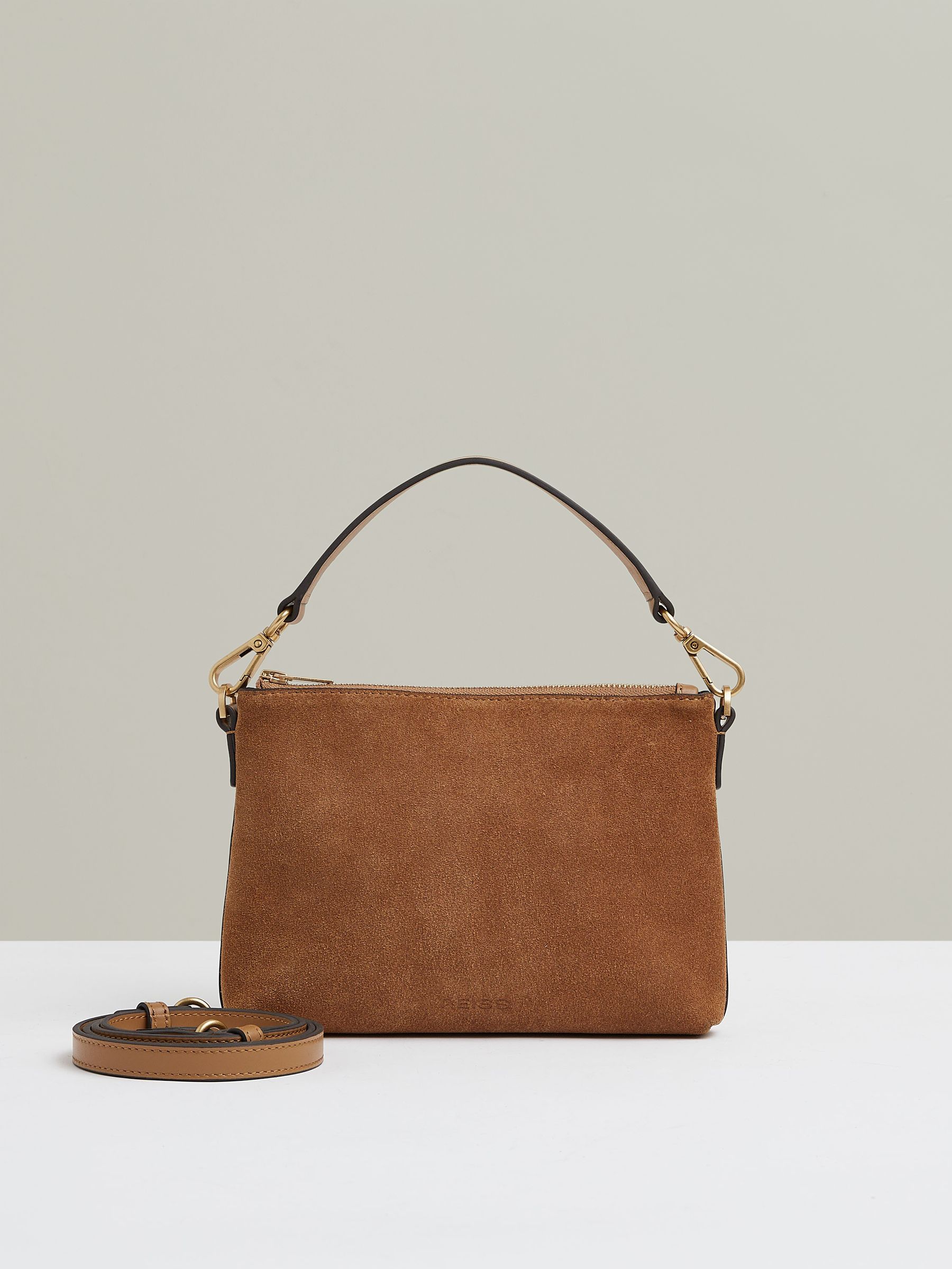 Reiss Leather and Suede Double Strap Bag in Tan REISS