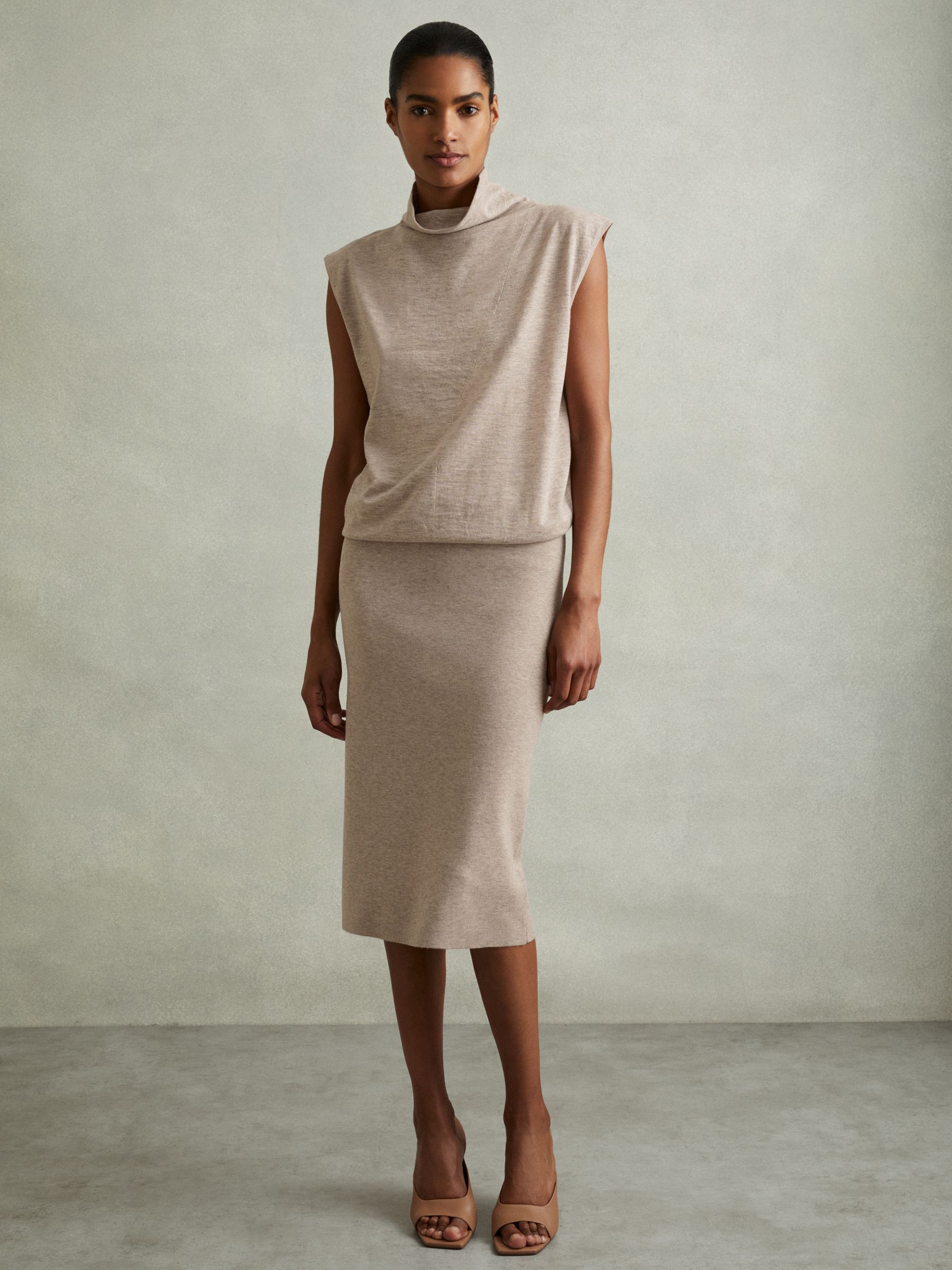 Knitted Wool Cashmere Blouson Top Midi Dress in Neutral