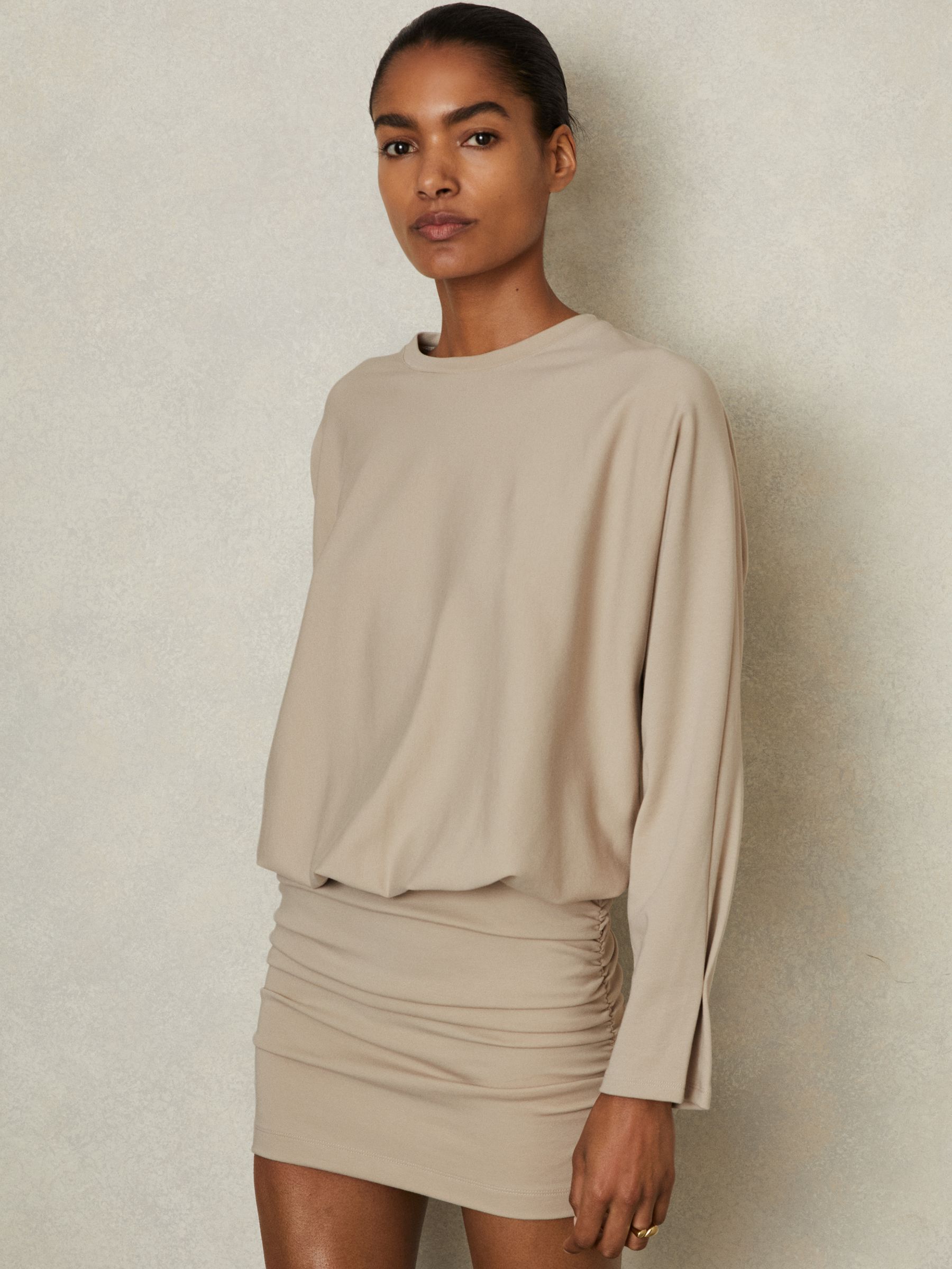 Reiss Lorenza Neutral Ruched Jersey Blouson Top Mini Dress REISS