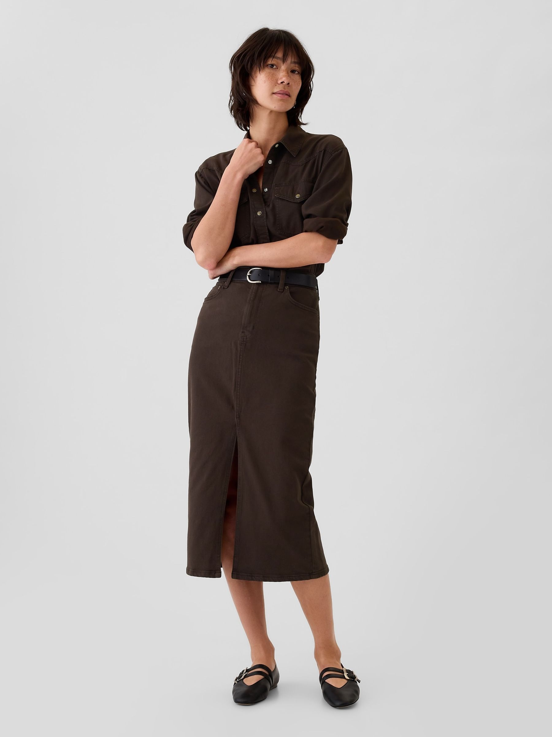 Brown Denim Midi Skirt