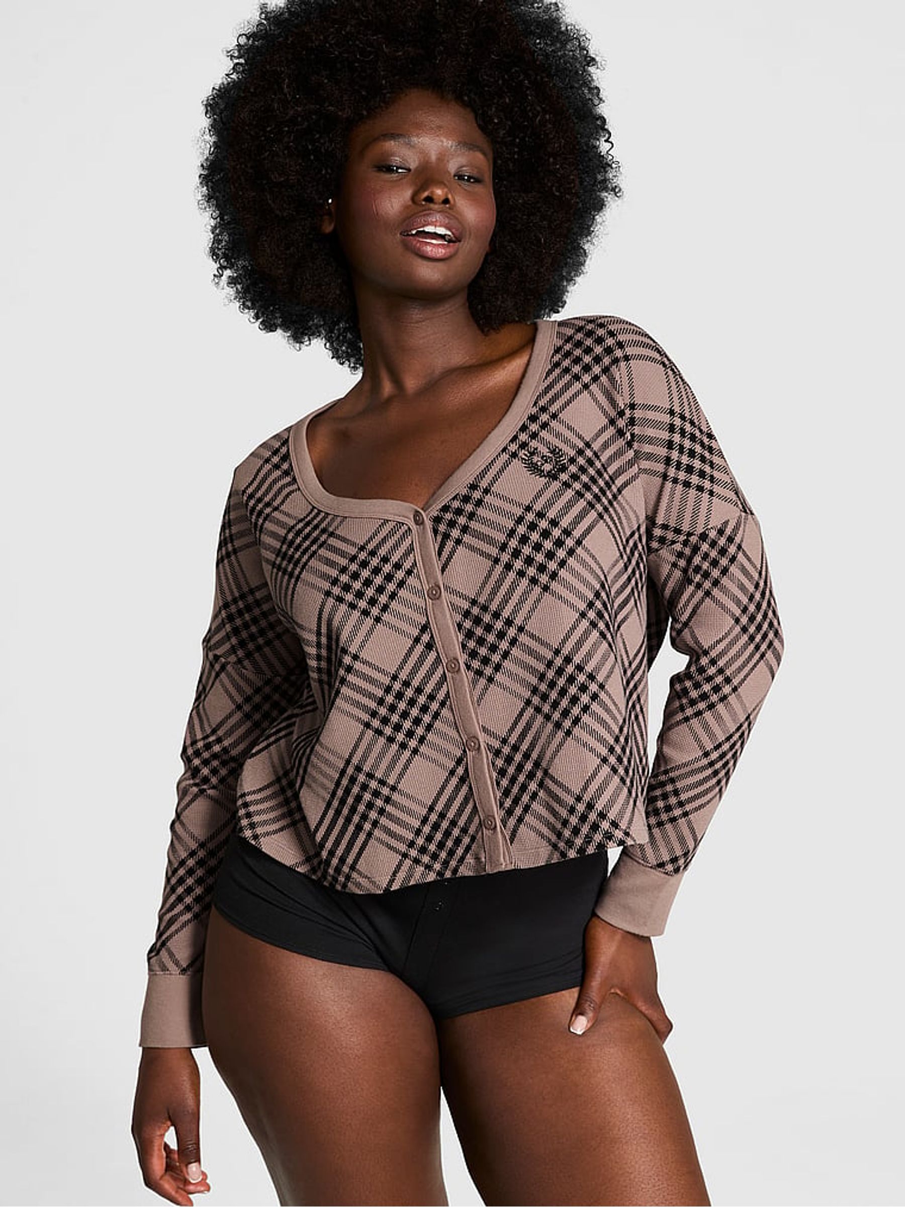 Iced Coffee Brown Thermal Cropped Cardigan Pyjama Top