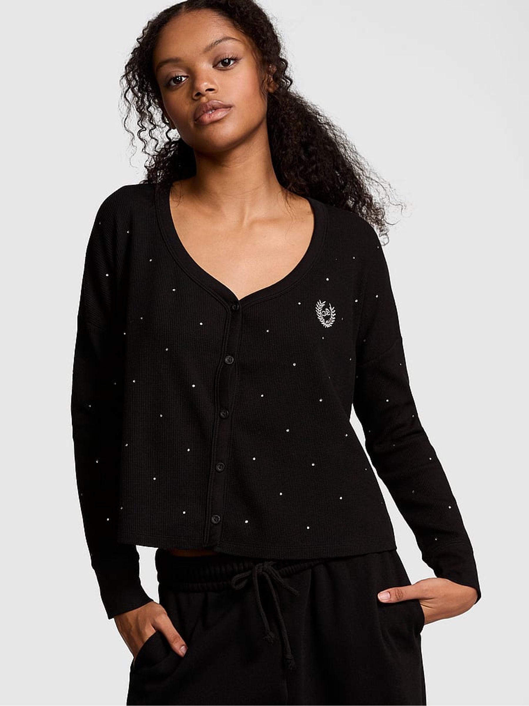 Buy Victoria s Secret Black Diamante Thermal Cropped Cardigan Pyjama Top from the Victoria s Secret UK online shop