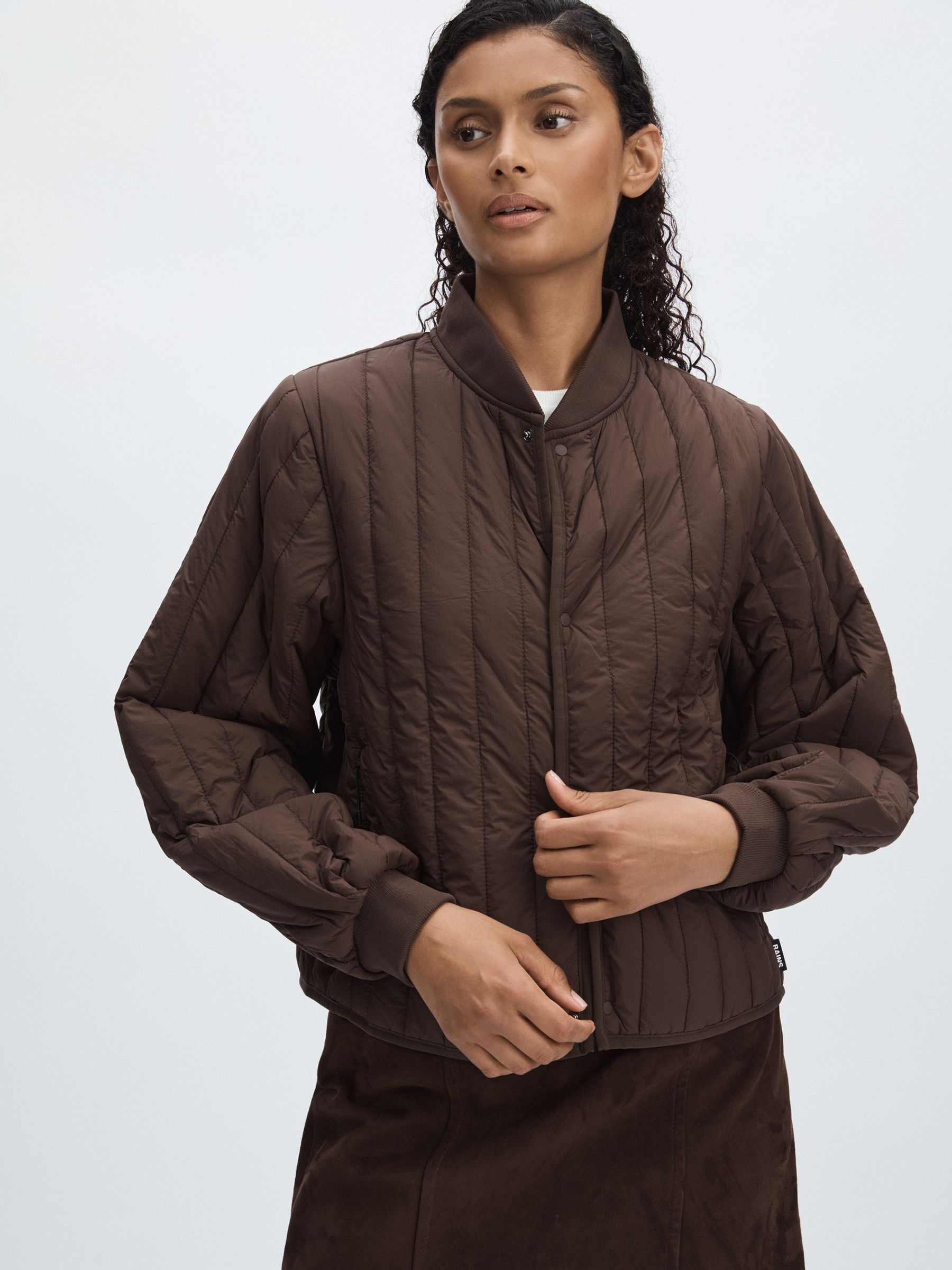 Rains Quilted Shell Bomber Jacket in Dark Brown