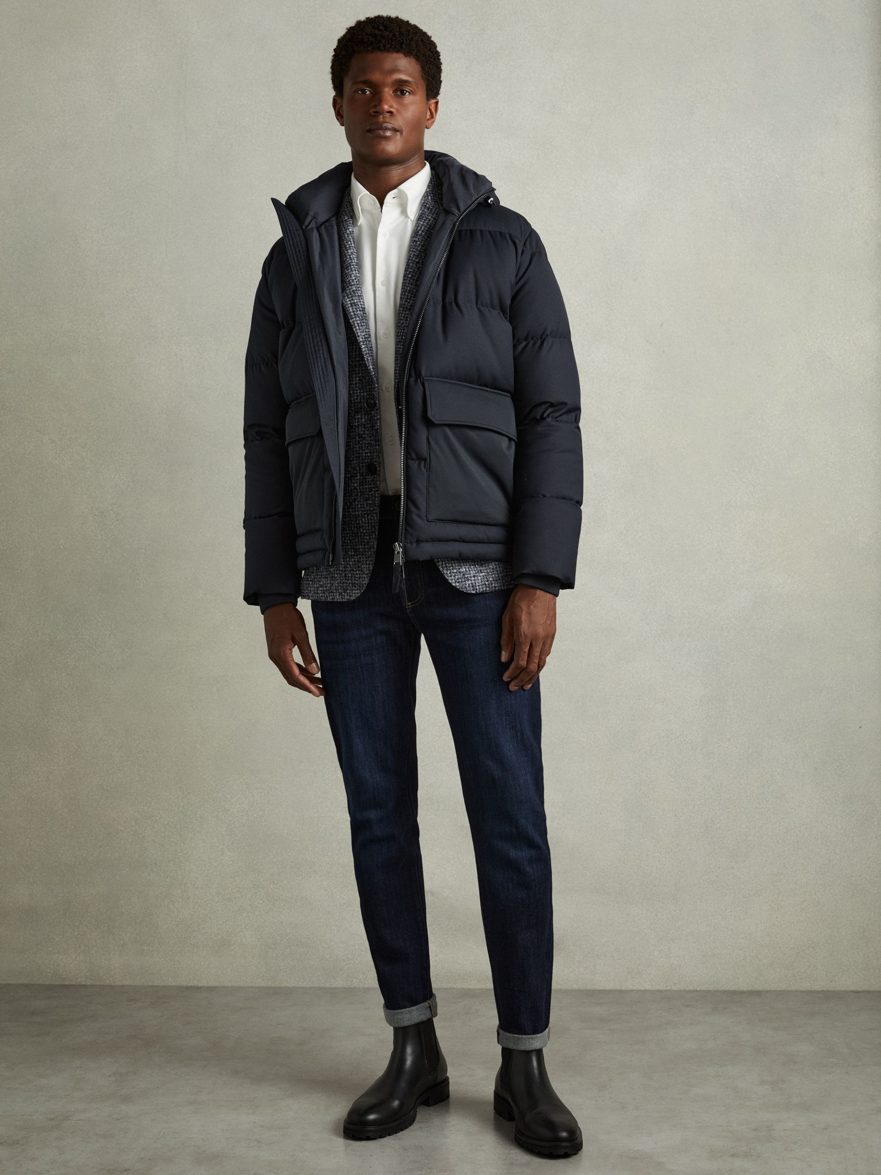 Reiss Patch Pocket Quilted Puffer Jacket in Navy REISS