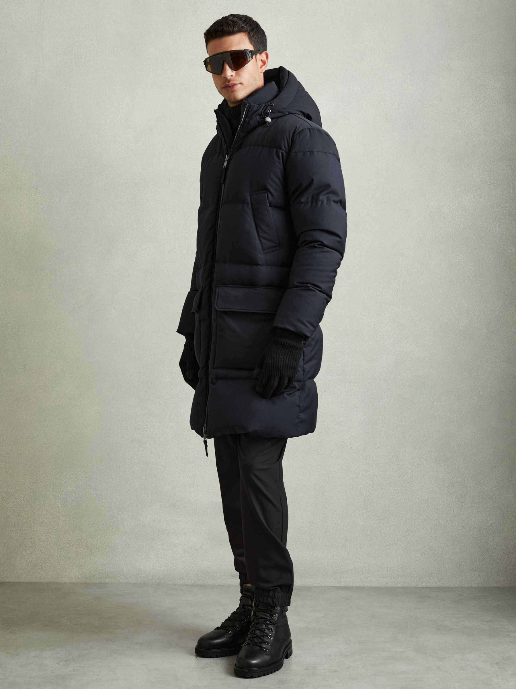 Reiss Quilted Longline Puffer Jacket in Navy REISS