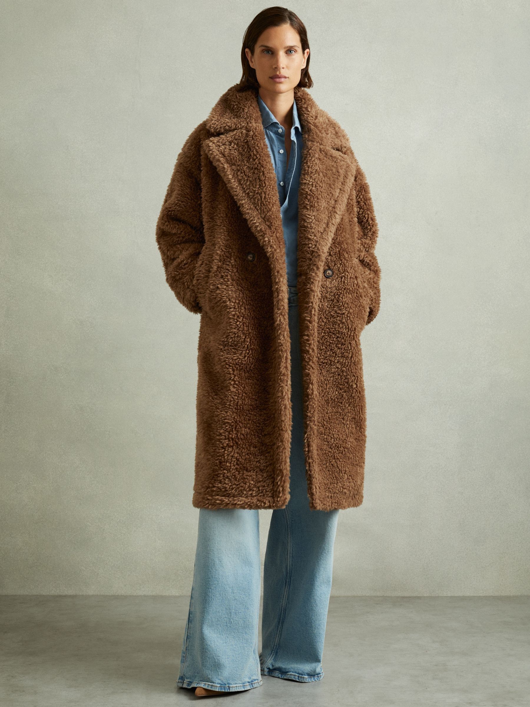 Reiss Petite Teddy Coat with Wool in Brown REISS