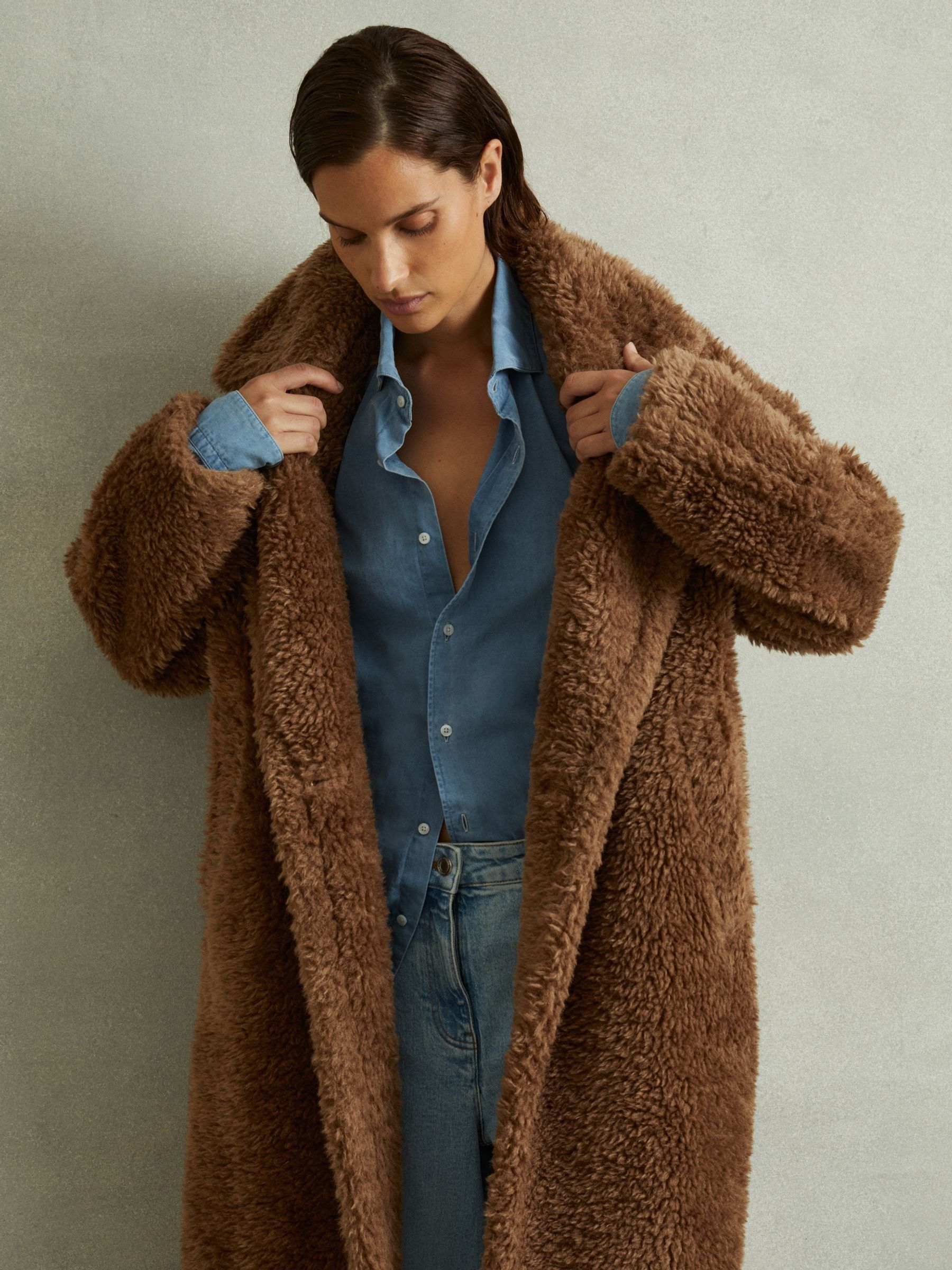 Reiss Petite Teddy Coat with Wool in Brown REISS