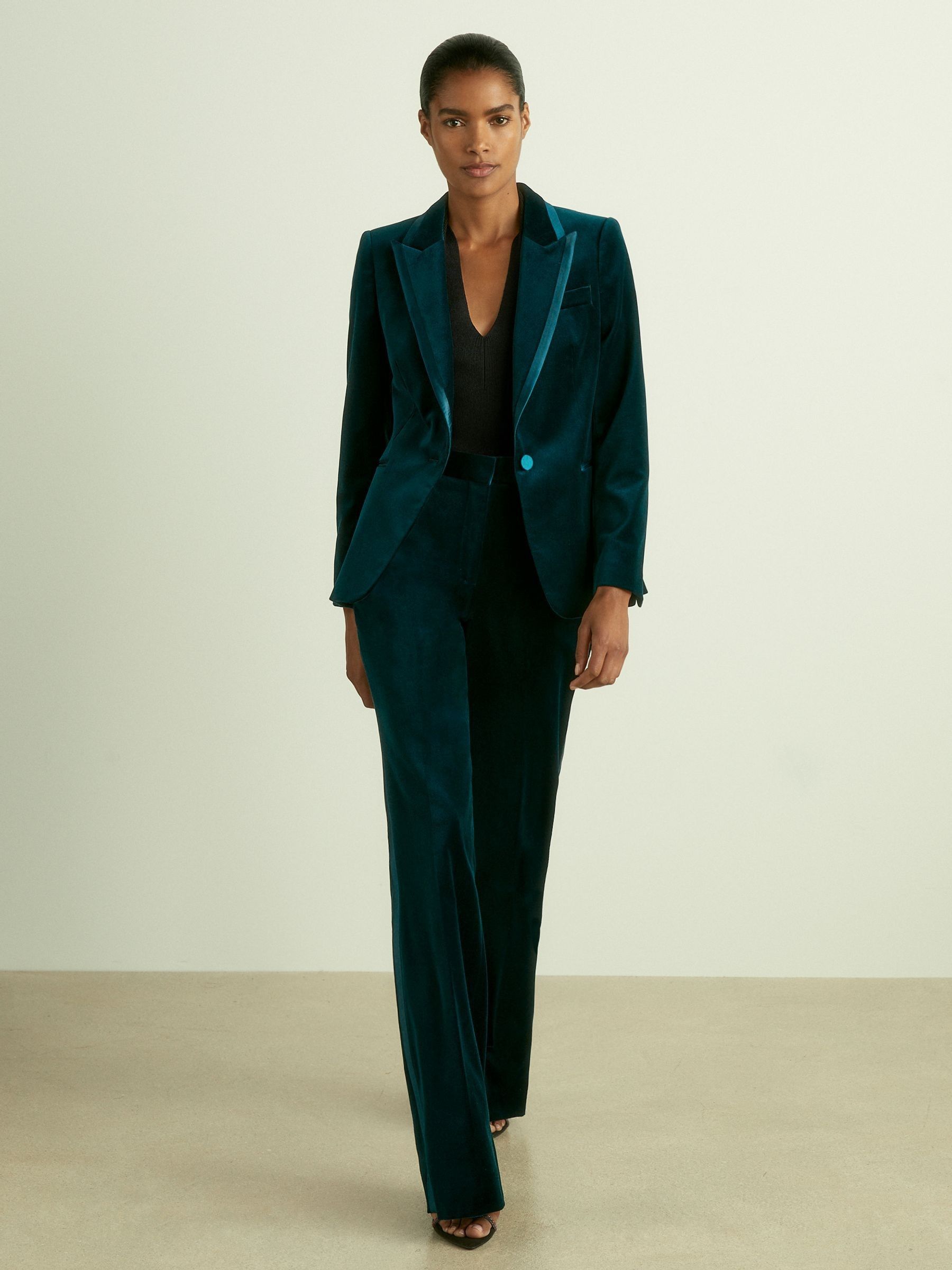 Reiss Petite Velvet Single Breasted Suit Blazer in Teal REISS