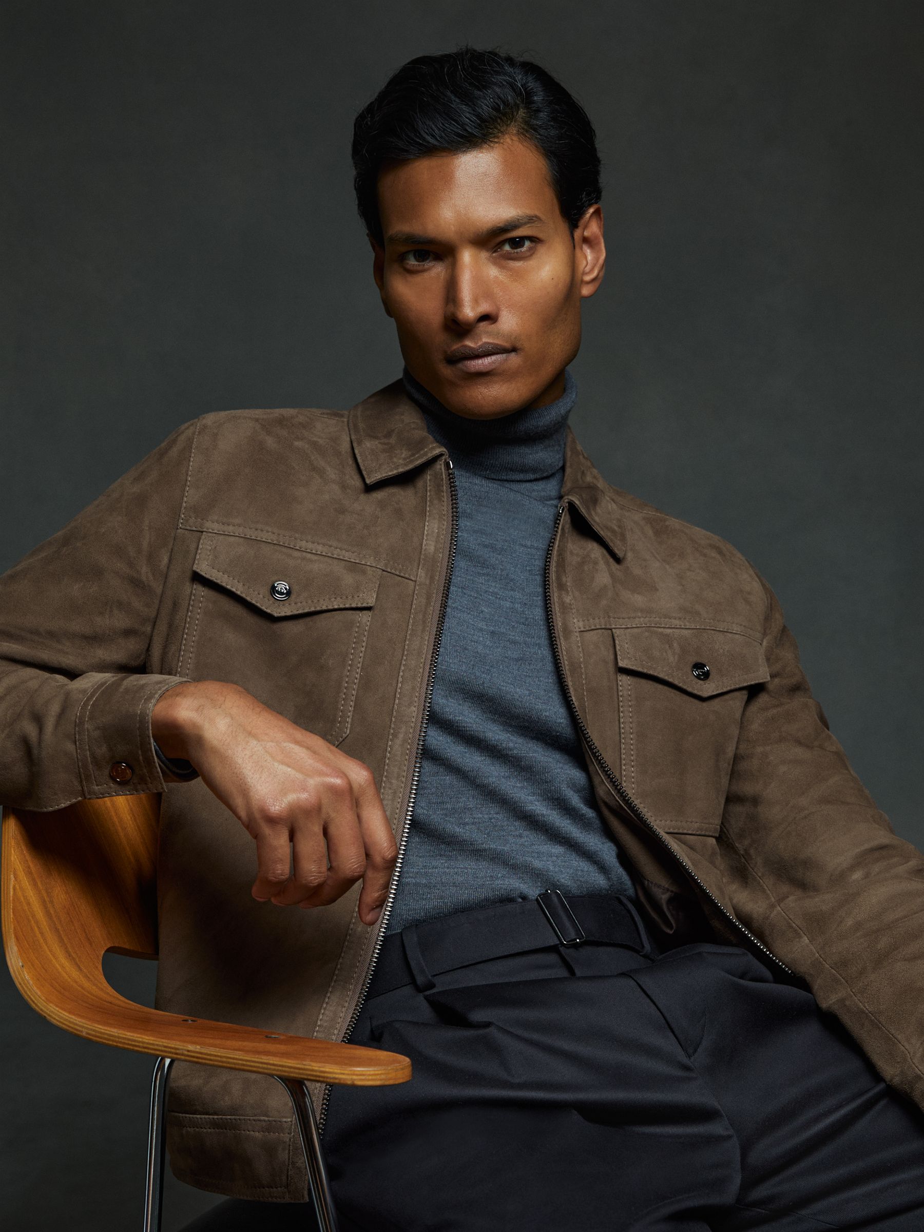 Reiss Suede Zip Through Trucker Jacket in Light Charcoal Grey REISS