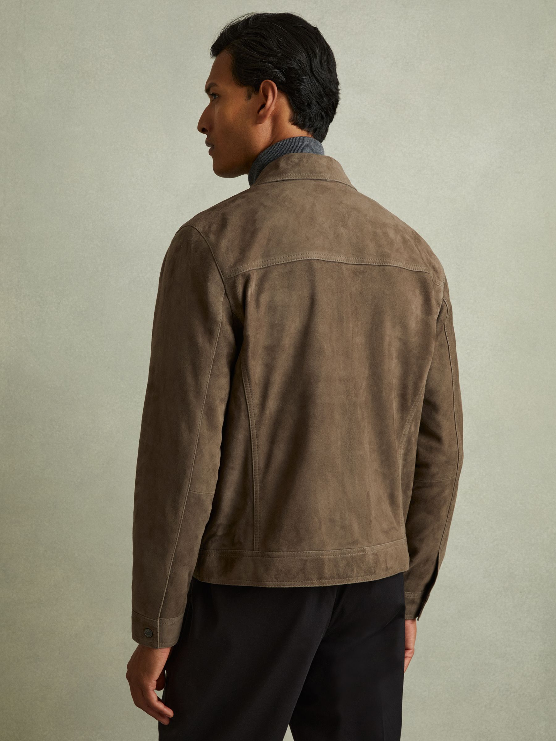 Reiss Suede Zip Through Trucker Jacket in Light Charcoal Grey REISS