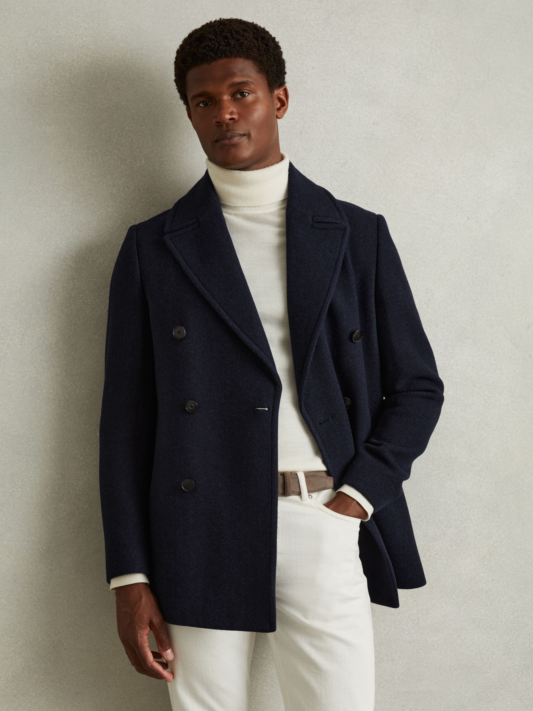 Reiss Wool Blend Double Breasted Peacoat in Navy Herringbone REISS