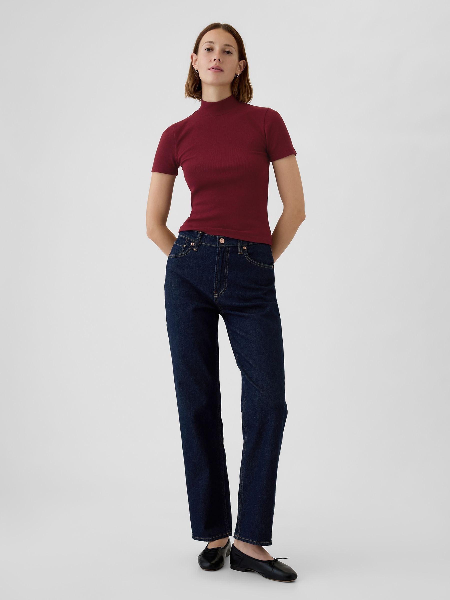 Burgundy Red Modern Cotton Modal Ribbed Mock Neck Short Sleeve T Shirt