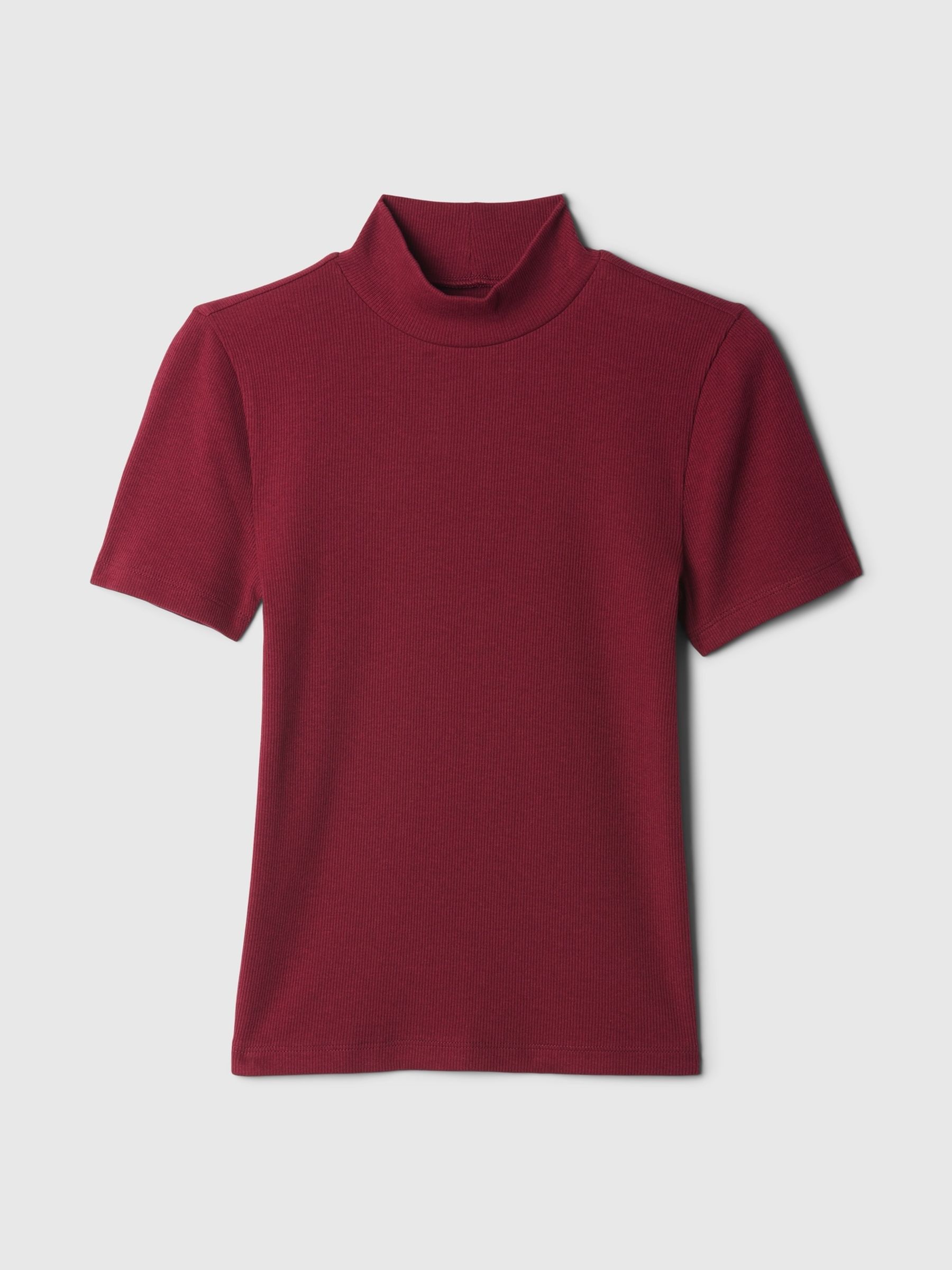 Burgundy Red Modern Cotton Modal Ribbed Mock Neck Short Sleeve T Shirt