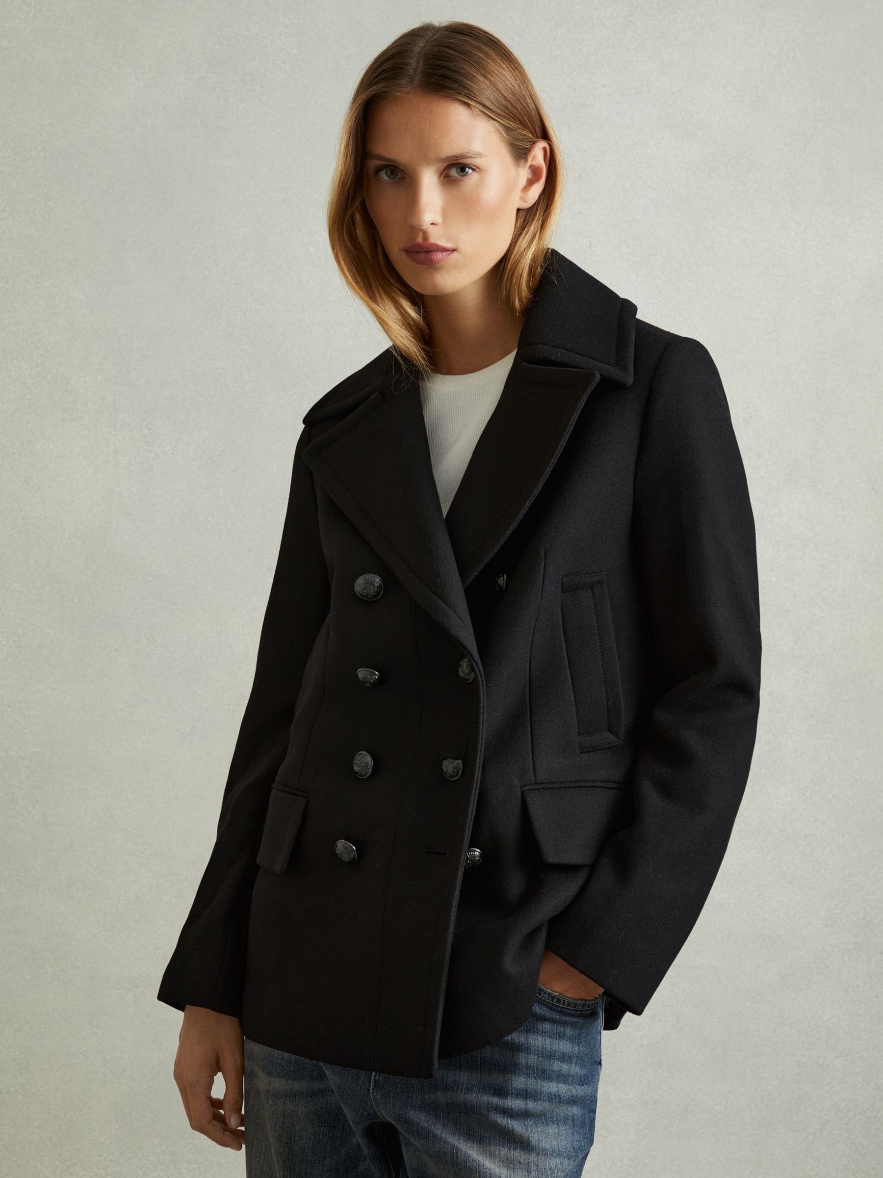 Ladies black wool pea coat on sale