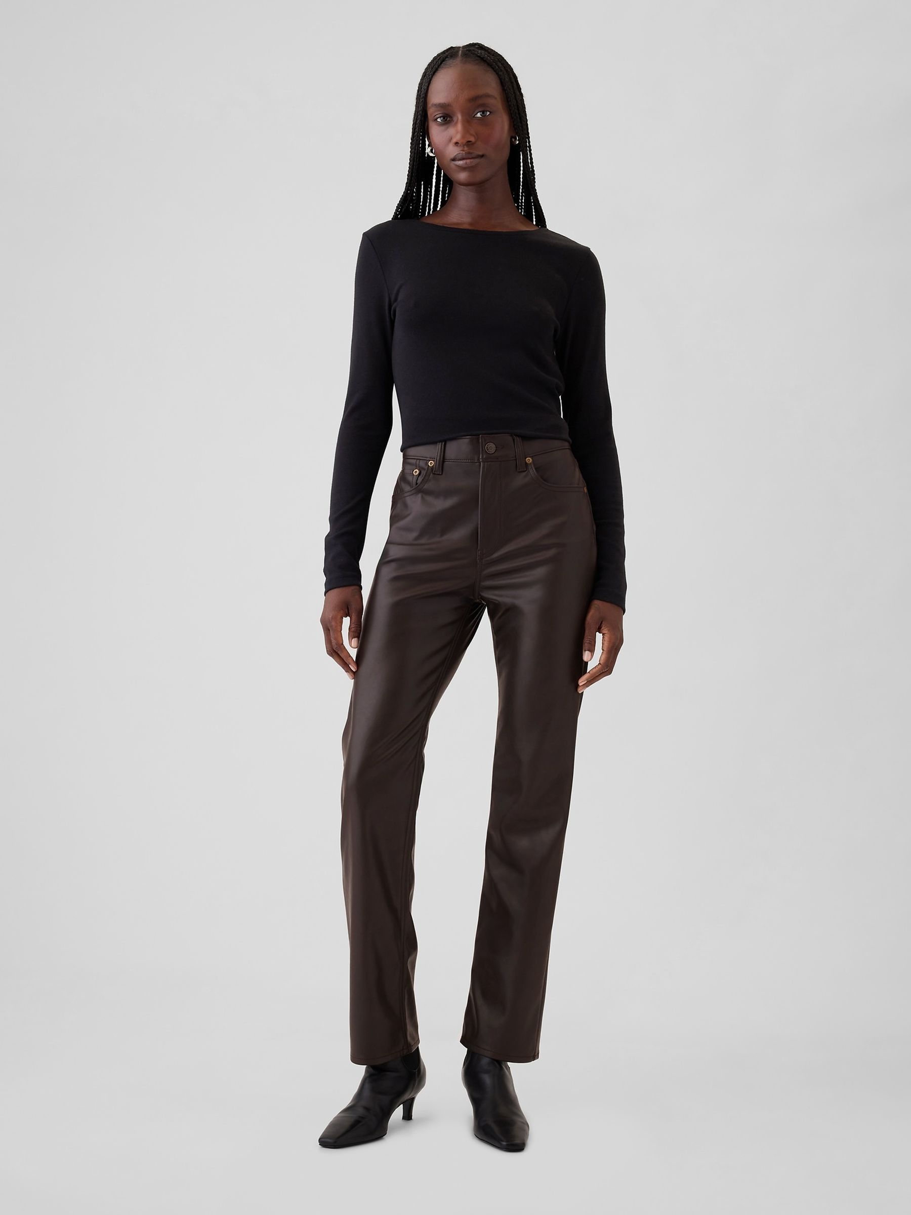 Buy Brown High Waisted 90s Straight Leg Faux Leather Trousers from the Gap online shop