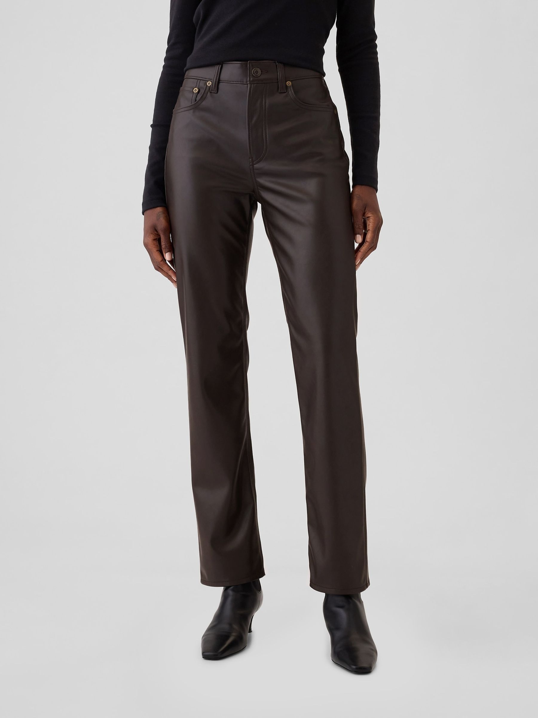 Brown High Waisted 90s Straight Leg Faux Leather Trousers | Gap