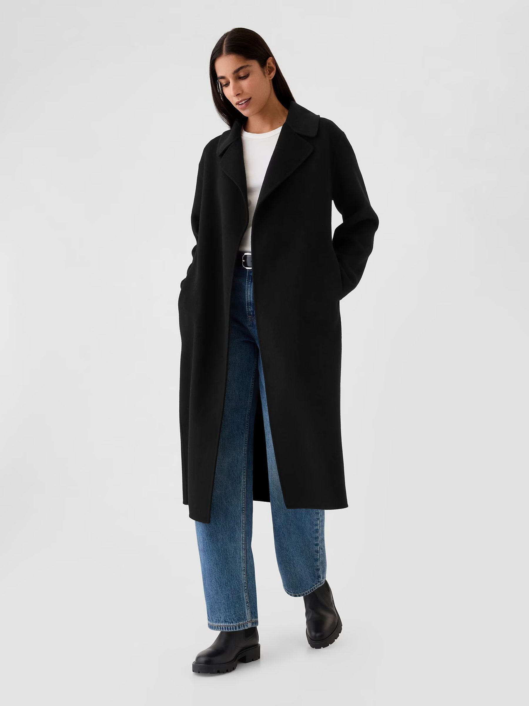 Buy Black Belted Double Faced Wool Blend Trench Coat from the Gap online shop