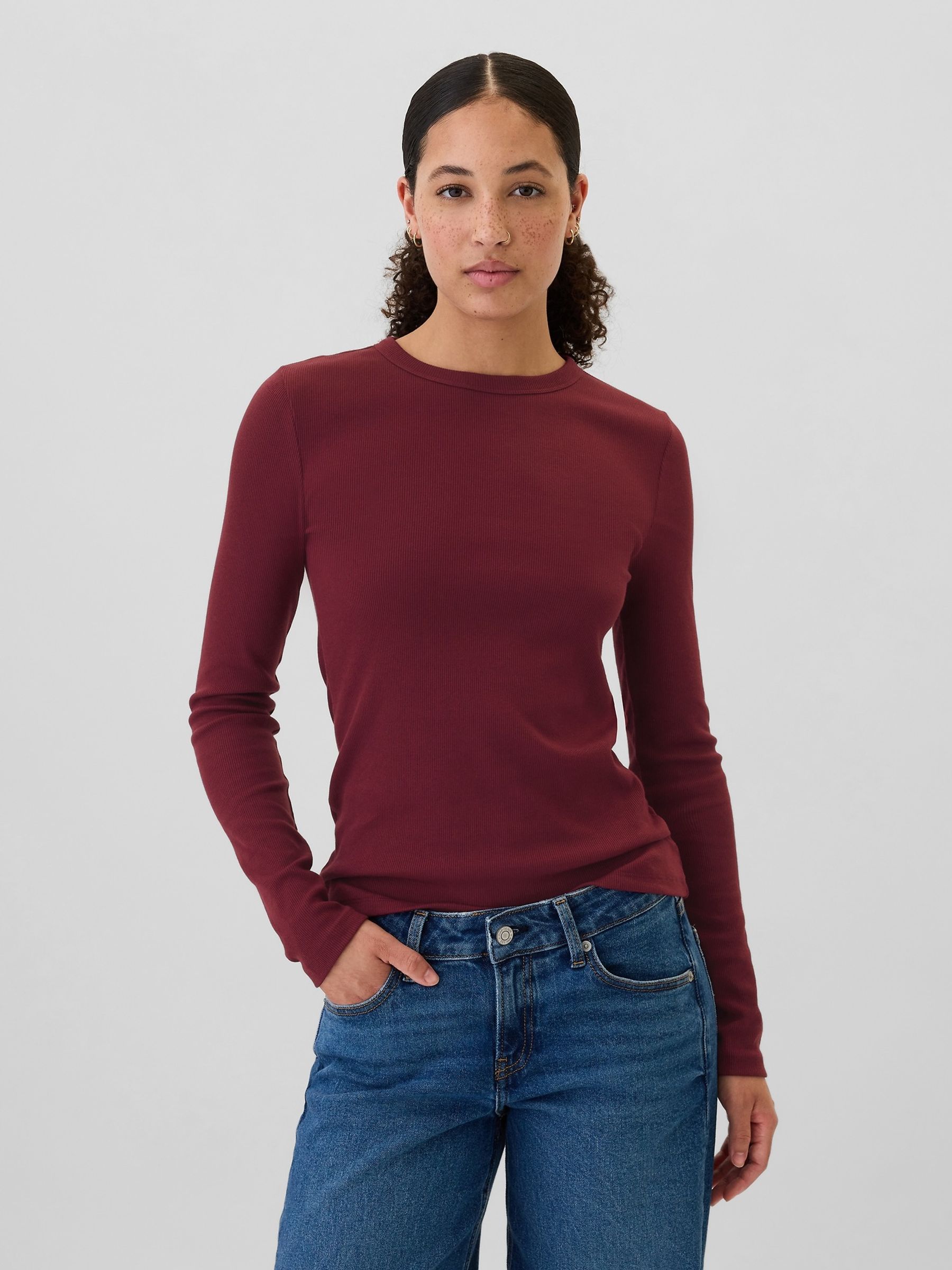 Burgundy Red Ribbed Long Sleeve Crew Neck T Shirt